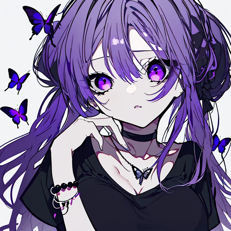 1 girl、Mature、Ample breasts、Hair Bun、Purple Hair、Black Mask、Black T-shirt、bracelet、necklace、choker、High resolution、highest quality、Butterflies fluttering、Bust-up perspective、
