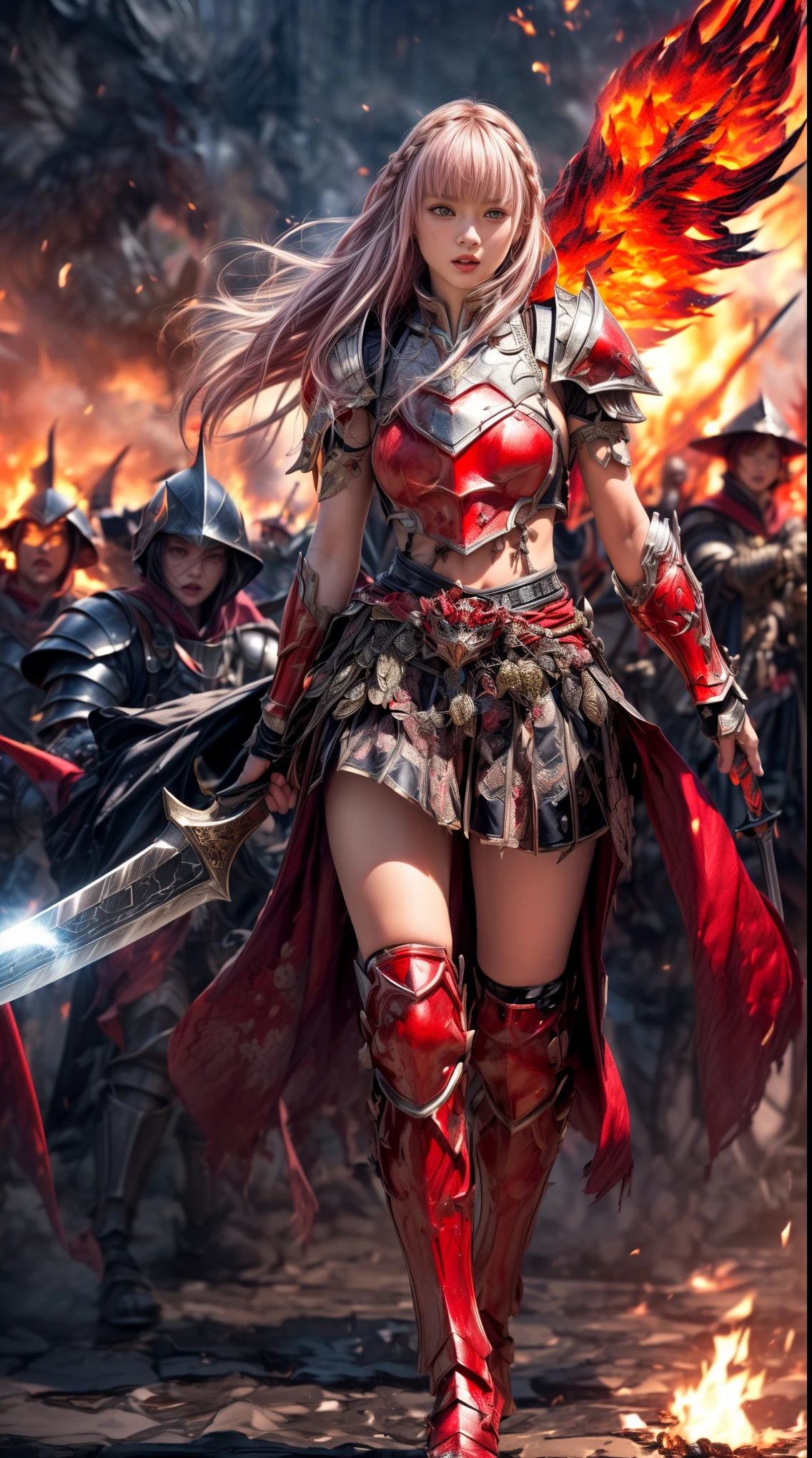 Very beautiful Swedish women、Slender women、(Detailed face)、Realistic Skin、((Fire Knight)), (((Crimson Armor:1.25)))、((((非常に繊細で繊細な装飾が施されたCrimson Armor:1.5))))、((Delicate photo)),(Girl Astepeace RAW Photo Details:1.25), (highest quality:1.6), (超A high resolution:1.5), (Realistic:1.75), 8K resolution, Canon EOS R5, 50mm, Absurd, Very detailed,Cinema Lighting,Battlefields of Medieval Europe、((Fight))、RPG World、Final Fantasy、(((decorative skirt)))、Thigh-high socks、Shingard、((Light pink hair))、((Very short bangs))、((Braiding))、(Six Pack)、Torn Cloak、Beautiful Armor、(((Giant Sword)))、In combat、The wind is blowing、(((Flames all around)))、(((Leading a large group of red knights)))、(((Knight Commander)))、(Armor with a phoenix motif)、(((flames of fire)))、(((Intense action scenes)))、(((Crimson Phoenix)))、((Browsing Caution:1.1))、