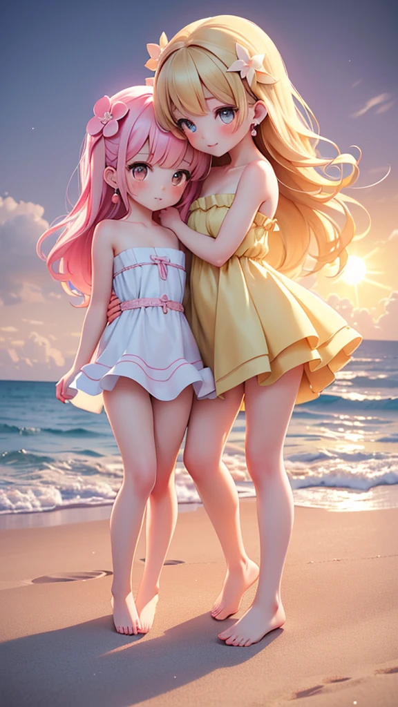 (((bishojo, two girls))), ((kawaii  face)), ((kawaii  eyes)), (masterpiece), (top quality), (hyper detailed), (exquisite), (depth), (crisp), (8k), (beautiful and aesthetic), (super detailed skin), (high standard), (high resolution), (perfect anatomy), ((full body)), (blush), (bare foot), (arm pits), (earrings), (strapless sleeveless, sun dress), (sand beach), ((yuri))