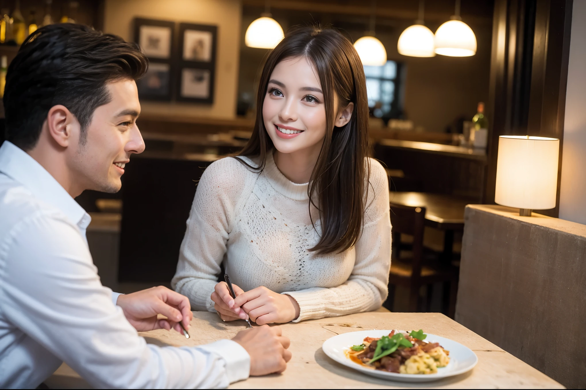 ((highest quality、8k、masterpiece:1.3))、beauty、1 male 1 female、Lovers couple、spouse、Spouse、half、The body is slim、((Bob Hale、Straight hair:1.2)), (Realistic, Intricate details:1.2), full-course dinner,テーブルの上のwine glass、Put the light on your face、 Amazing view of the sunset sky and clouds、A bright smile、The wonderfulness of smile、Bright image、The beauty of wine, Beautiful Face, blue eyes, The light shines on your face, Blushing, short hair,Bright Face、 (45 years old), 39 years old, red wine 、Appetizers、Italian food、Wine bottle、Champagne、sparkling wine、Two beauties、Brown Hair、Shortcuts、Long sleeve shirt、dress、Pretty Woman 1, (slimな顔), (The body is slim), (Brown Hair), (Shortcuts), cheeks turn a little red,Attractive beauty、restaurant, In a prominent place (From the waist up) Nova Frog Style, actress, model, Upper Body, White wine, slim, wine glass, A wine glass placed in the center, smile, (smile: 1.15), Beautiful fine grain, Depth f/2,saturation, High Contrast, Strong light and shadow,Moist Body:1.5、3D texture、Delicate eyes、Brown Hair、The hair is very shiny、
