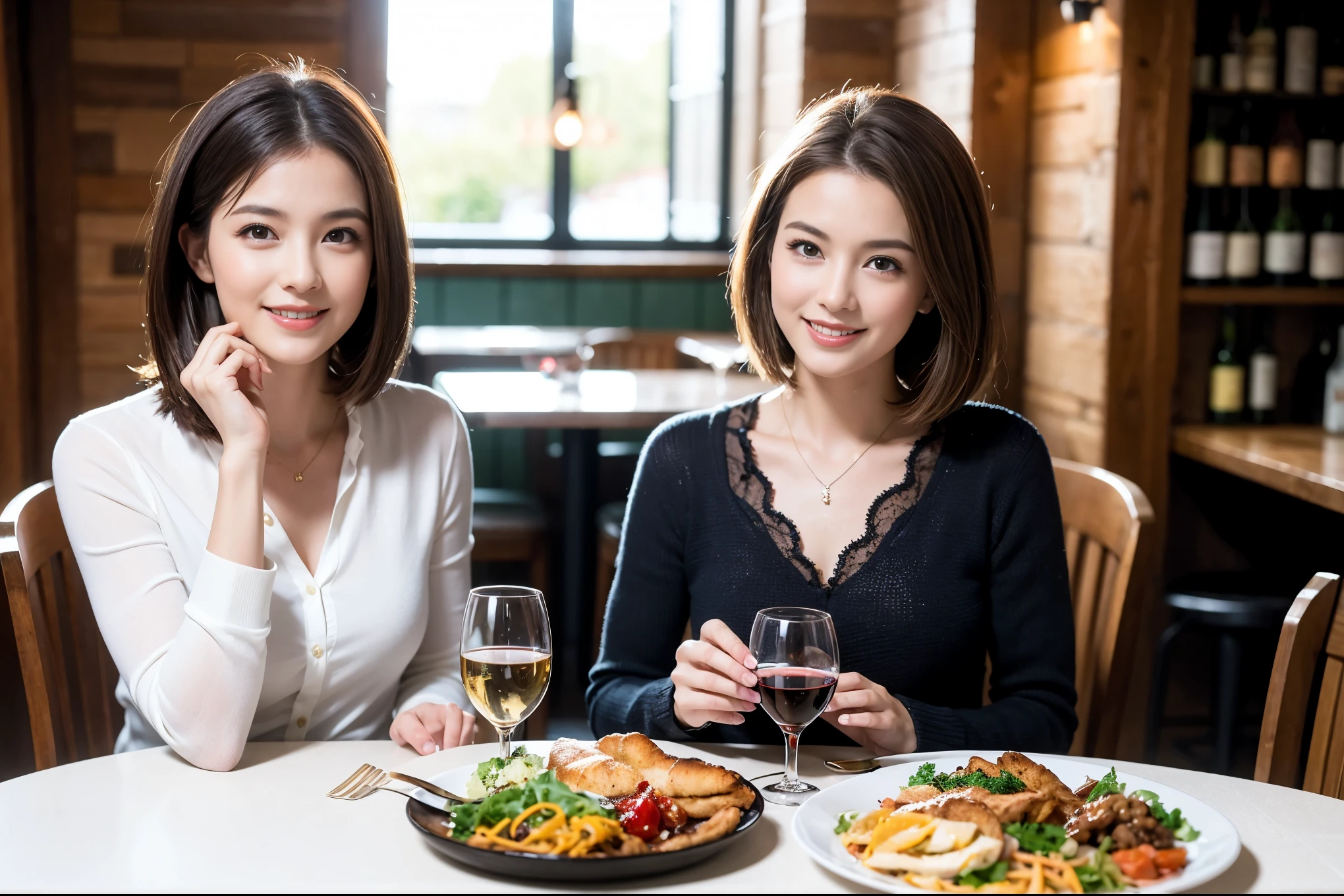 ((highest quality、8k、masterpiece:1.3))、beauty、1 male 1 female、Lovers couple、spouse、Spouse、half、The body is slim、((Bob Hale、Straight hair:1.2)), (Realistic, Intricate details:1.2), full-course dinner,テーブルの上のwine glass、Put the light on your face、 Amazing view of the sunset sky and clouds、A bright smile、The wonderfulness of smile、Bright image、The beauty of wine, Beautiful Face, blue eyes, The light shines on your face, Blushing, short hair,Bright Face、 (45 years old), 39 years old, red wine 、Appetizers、Italian food、Wine bottle、Champagne、sparkling wine、Two beauties、Brown Hair、Shortcuts、Long sleeve shirt、dress、Pretty Woman 1, (slimな顔), (The body is slim), (Brown Hair), (Shortcuts), cheeks turn a little red,Attractive beauty、restaurant, In a prominent place (From the waist up) Nova Frog Style, actress, model, Upper Body, White wine, slim, wine glass, A wine glass placed in the center, smile, (smile: 1.15), Beautiful fine grain, Depth f/2,saturation, High Contrast, Strong light and shadow,Moist Body:1.5、3D texture、Delicate eyes、Brown Hair、The hair is very shiny、