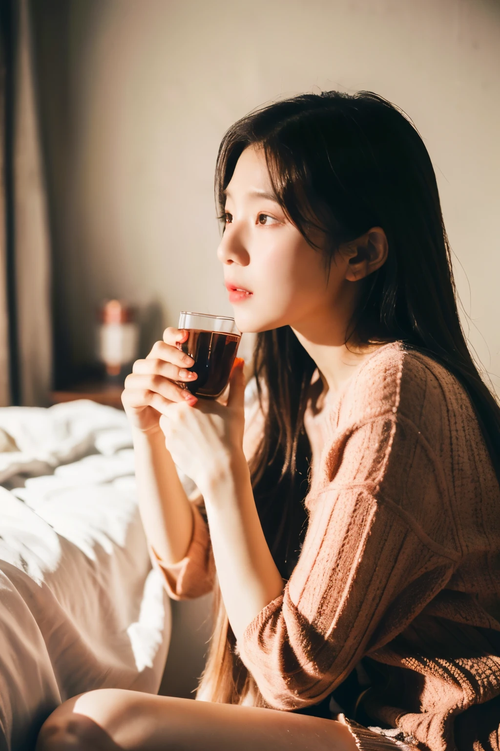 The girl is sitting in the bedroom and holding a cup of tea in her hand
