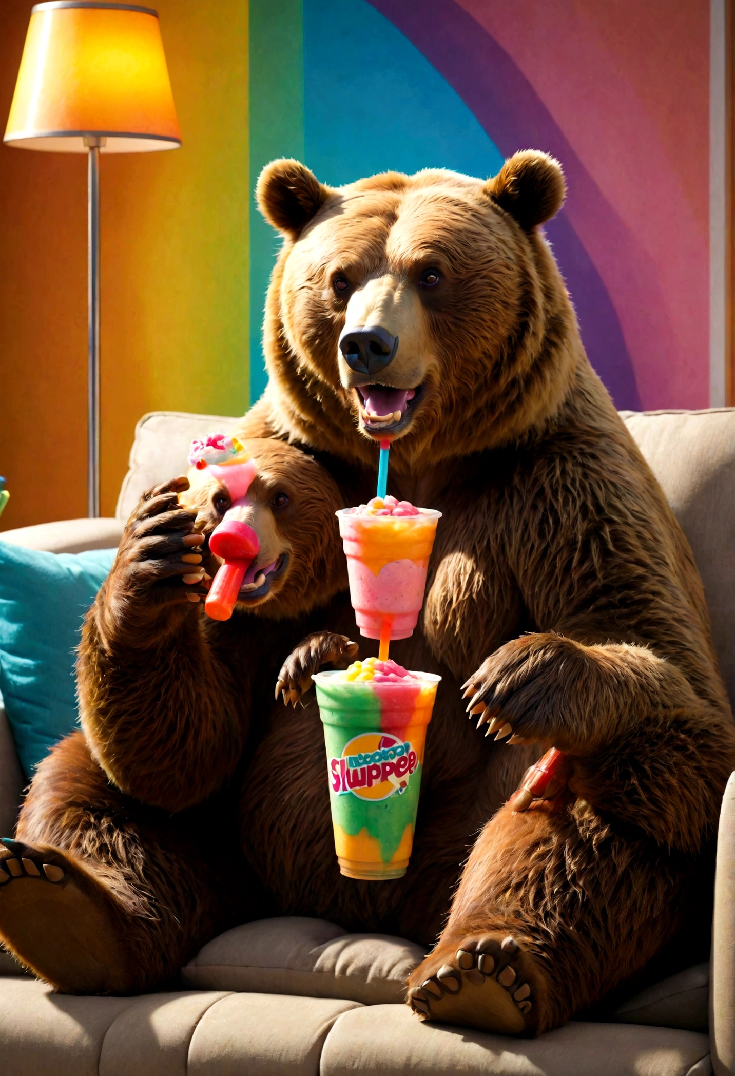 Bear sitting on sofa watching TV, Drink a Slurpee
