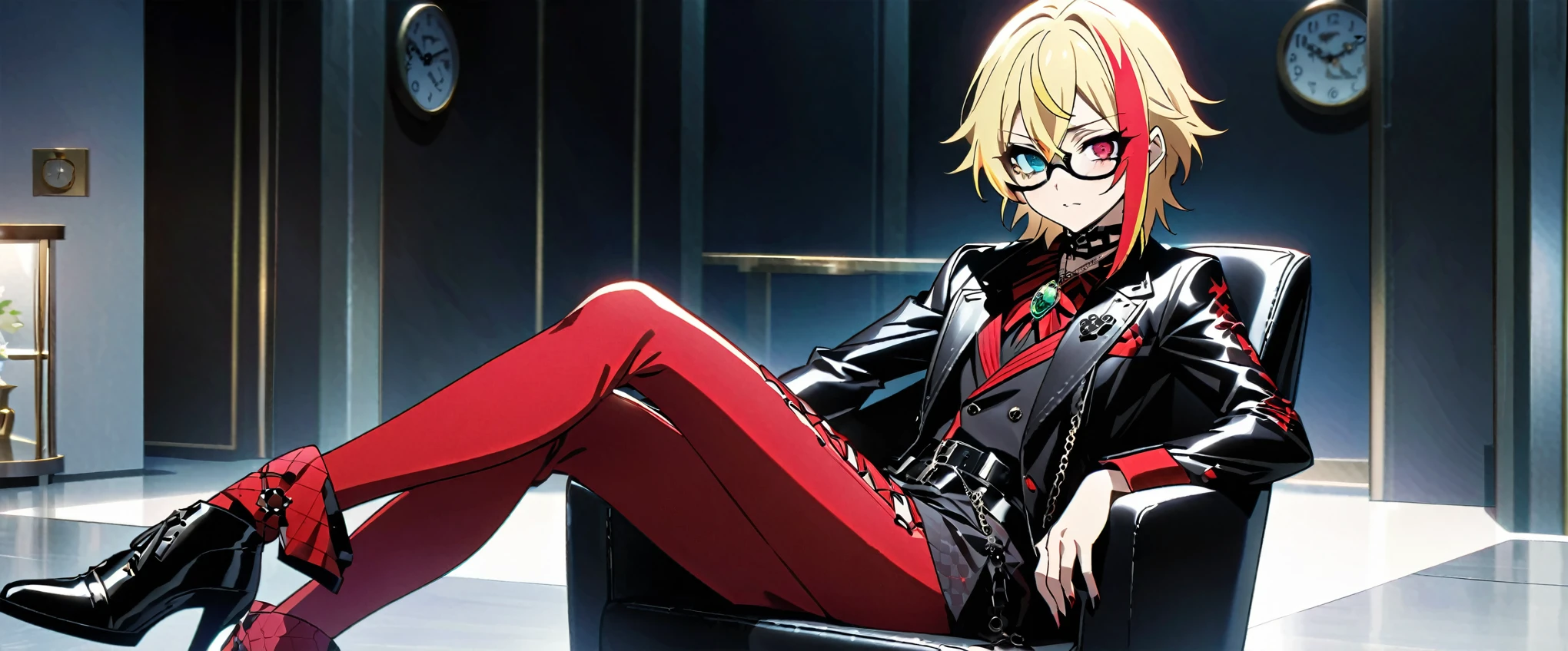 (((masterpiece,highest quality))),(((スチームパンク風でVisual Keiの黒を基調とした衣装の短い髪のアニメの中性的な男性))),((Androgynous but male)),(((Visual Kei))),(((red and blonde streaked hair))),highlights hair,((Wears stylish, thick-framed glasses)),((Blue and red heterochromia)),((Clock and gear motif necklace,A brooch with a clock and gear motif)),((sitting in a luxurious chair with his legs crossed)),Cruel Laughter,A room in a futuristic, inorganic building,Focus on people,No one else,anime