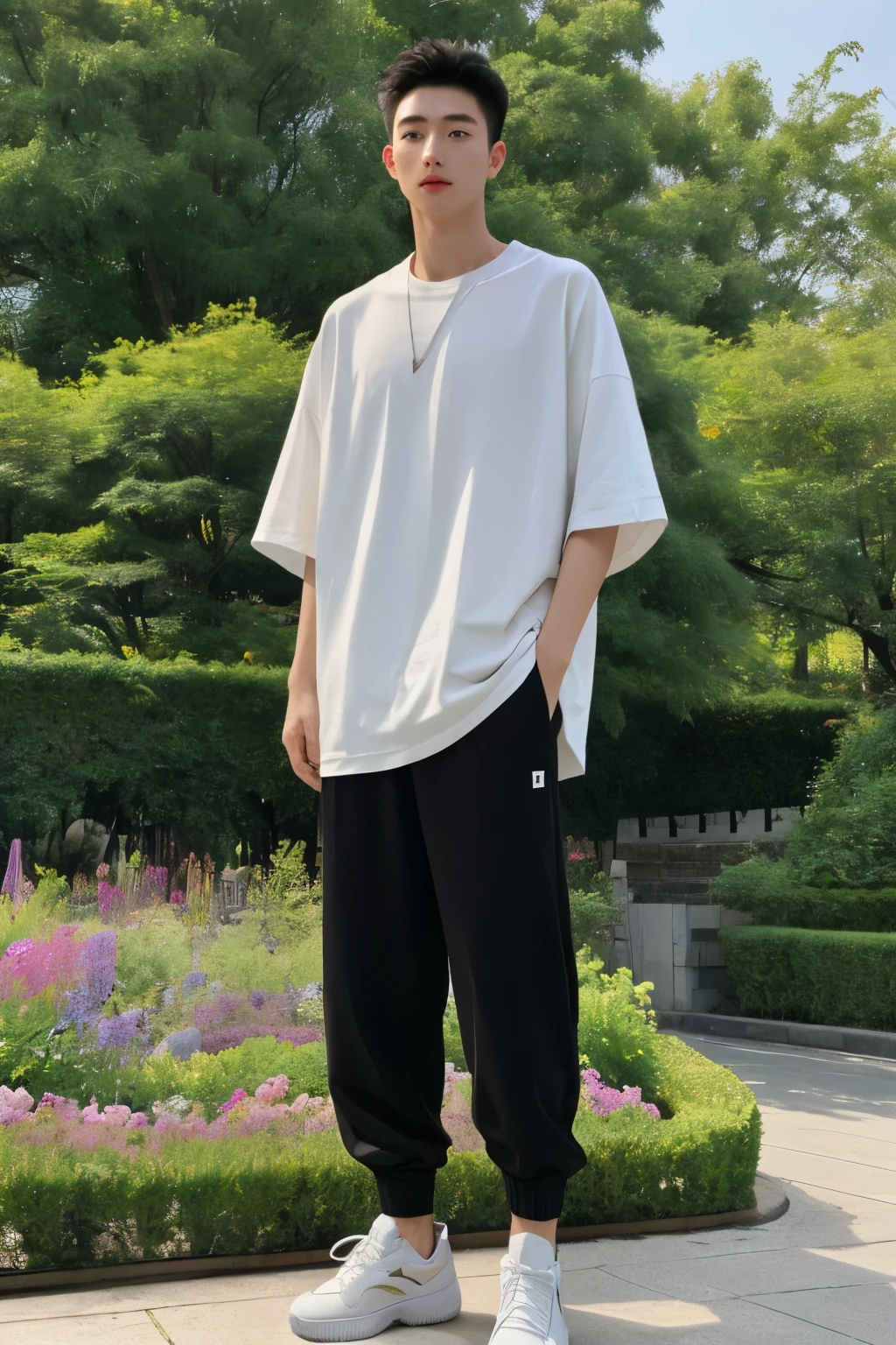 A Beijing young man in a oversize "plain t shirt", black Jogger trousers, and sneakers stands against a garden background, full body, Height is 1 cm, 