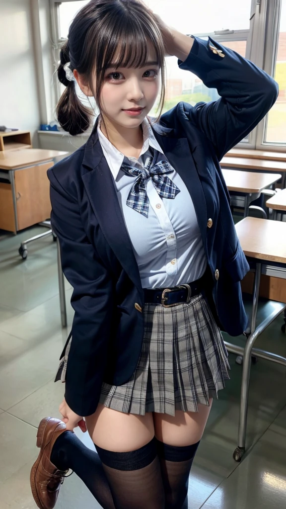 masterpiece, best quality, illustration, Super detailed, fine details, High resolution, 8K,wall paper, perfect dynamic composition,(Details High quality, realistic depiction of eyes:1.3), High School Classroom、High school girl uniform、blazer 、Super Short Check Uniform Skirt、Navy blue high socks、garterbelts、Colossal tits, Disturbed uniform, (updo:1.2), black hair color, large breasts, Big Natural Color Lip, bold sexy pose, (perfect body shape), crying a little、20 year old girl、cute type, beautiful legs, hposing Gravure Idol, Voluptuous thighs