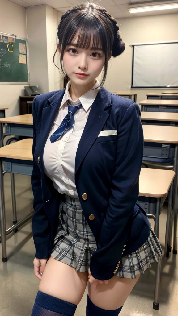 masterpiece, best quality, illustration, Super detailed, fine details, High resolution, 8K,wall paper, perfect dynamic composition,(Details High quality, realistic depiction of eyes:1.3), High School Classroom、High school girl uniform、blazer 、Super Short Check Uniform Skirt、Navy blue high socks、garterbelts、Colossal tits, Disturbed uniform, (updo:1.2), black hair color, large breasts, Big Natural Color Lip, bold sexy pose, (perfect body shape), crying a little、20 year old girl、cute type, beautiful legs, hposing Gravure Idol, Voluptuous thighs