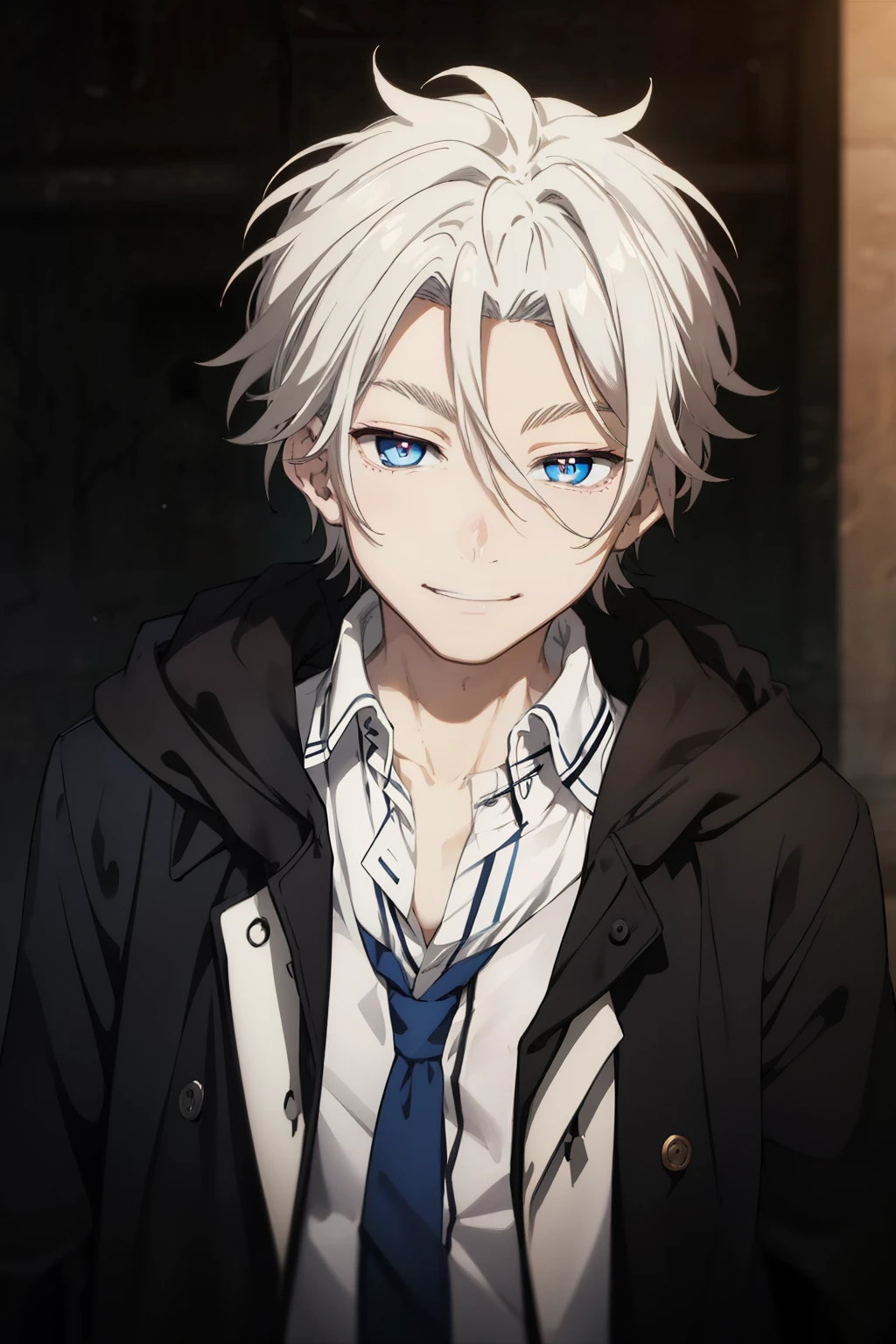 masterpiece, best quality, high quality, 1boy, solo, male focus, looking at viewer, upper body, king_of_despair, Blue eyes, White hair, hair between eyes, coat、smile