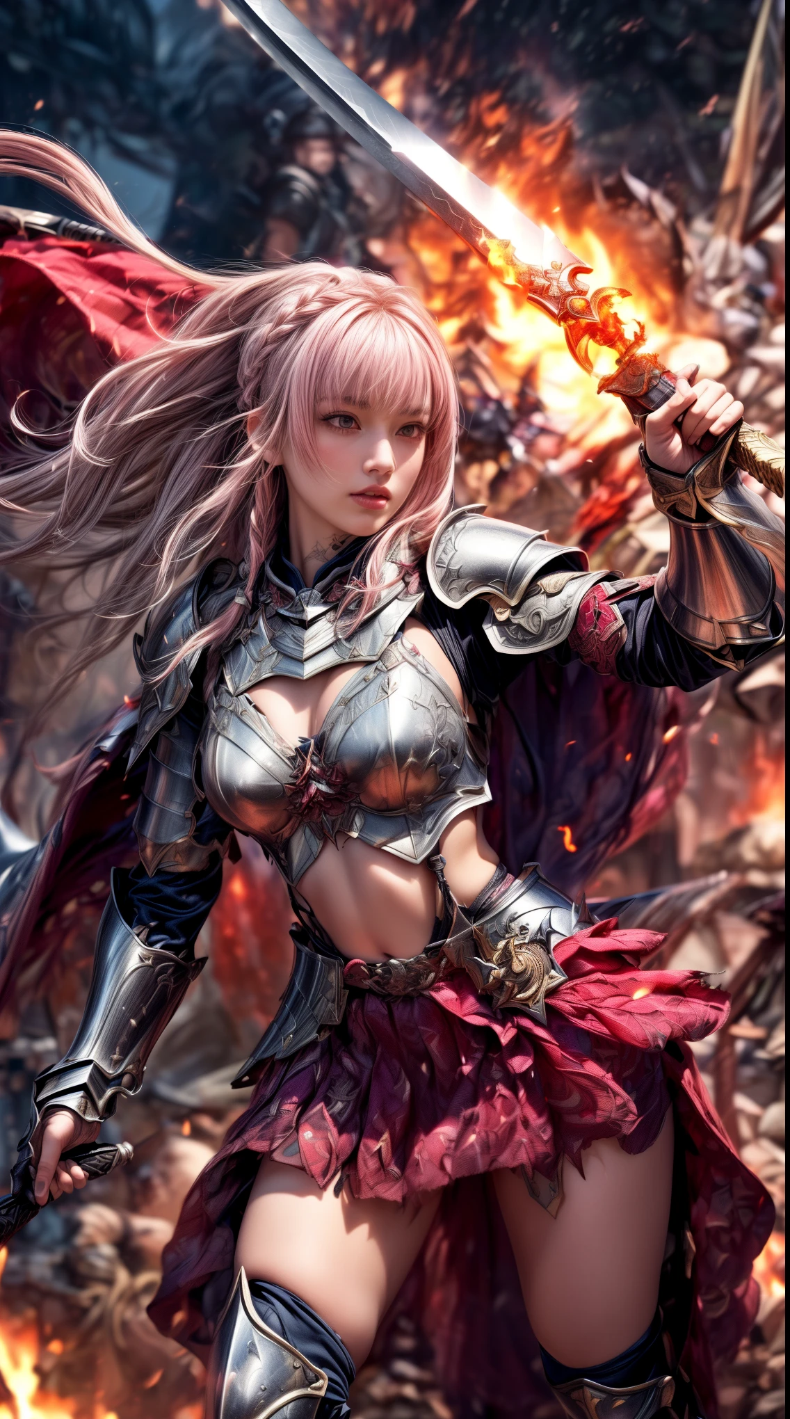 Very beautiful Swedish women、Slender women、(Detailed face)、Realistic Skin、((Fire Knight)), (((Pink Armor:1.25)))、((((非常に繊細で繊細な装飾が施されたPink Armor:1.5))))、((Delicate photo)),(Girl Astepeace RAW Photo Details:1.25), (highest quality:1.6), (超A high resolution:1.5), (Realistic:1.75), 8K resolution, Canon EOS R5, 50mm, Absurd, Very detailed,Cinema Lighting,Battlefields of Medieval Europe、((Fight))、RPG World、Final Fantasy、(((decorative skirt)))、Thigh-high socks、Shingard、((Light pink hair))、((Very short bangs))、((Braiding))、(Six Pack)、Torn Cloak、Beautiful Armor、(((Giant Sword)))、In combat、The wind is blowing、(((Flames all around)))、(((Leading a large group of red knights)))、(((Knight Commander)))、(Armor with a phoenix motif)、(((flames of fire)))、(((Intense action scenes)))、(((Crimson Phoenix)))、((Browsing Caution:1.1))、