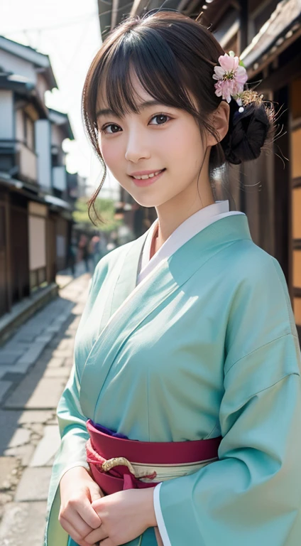 Professional Lighting,(Realistic:1.4), (Top image quality:1.0), (超A high resolution:1.0), 8k, Raw photography, (masterpiece:0.2), (Dealing with the Children_v1:0.5)、(最高quality Detail:1.2)、Realistic、8K Ultra HD、High resolution、(1 girl:1.2)、超detailedな、High quality textures、複雑なdetailed、detailed、Very detailed CG、High quality shadows、detailed 美しく繊細な顔、Beautiful details and a delicate eye、(Symmetrical eyes:1.2),Written boundary depth、Ray Tracing,1 girl, Japanese Girls, (Natural smile:1.4),cute, thin, Portrait of a beautiful Japanese woman in a kimono, Standing elegantly on a street corner in Kyoto. Kimono with vibrant traditional patterns, Hair decorated with elegant and delicate hairpins, Gentle expression. (With the old streets of Kyoto in the background:1.4)、The soft light of a spring afternoon、Adding tranquility to the scene. Rendered in a Realistic style with great attention to detail, High resolutionの画像.Sky Porn, Magic Hour, (Realistic:1.3), finely, quality, (Tabletop:1.2), (Realistic:1.2), (最高quality), (複雑なdetailed), dramatic, Ray Tracing, photograph, +roller