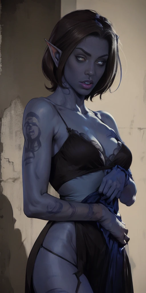 An illustrated movie poster, hand-drawn, full color, a young drow girl, drow elf, wearing a corduroy mini-dress, blue skin, blue complexion, pointy elf ears, ruby eyes, dark hair, shaggy bob, posing like a model, hard shadows, graphite shading, stencil marks, airbrushed acrylic paint, masterpiece, in the style of Rockstar Games, kiss bbc