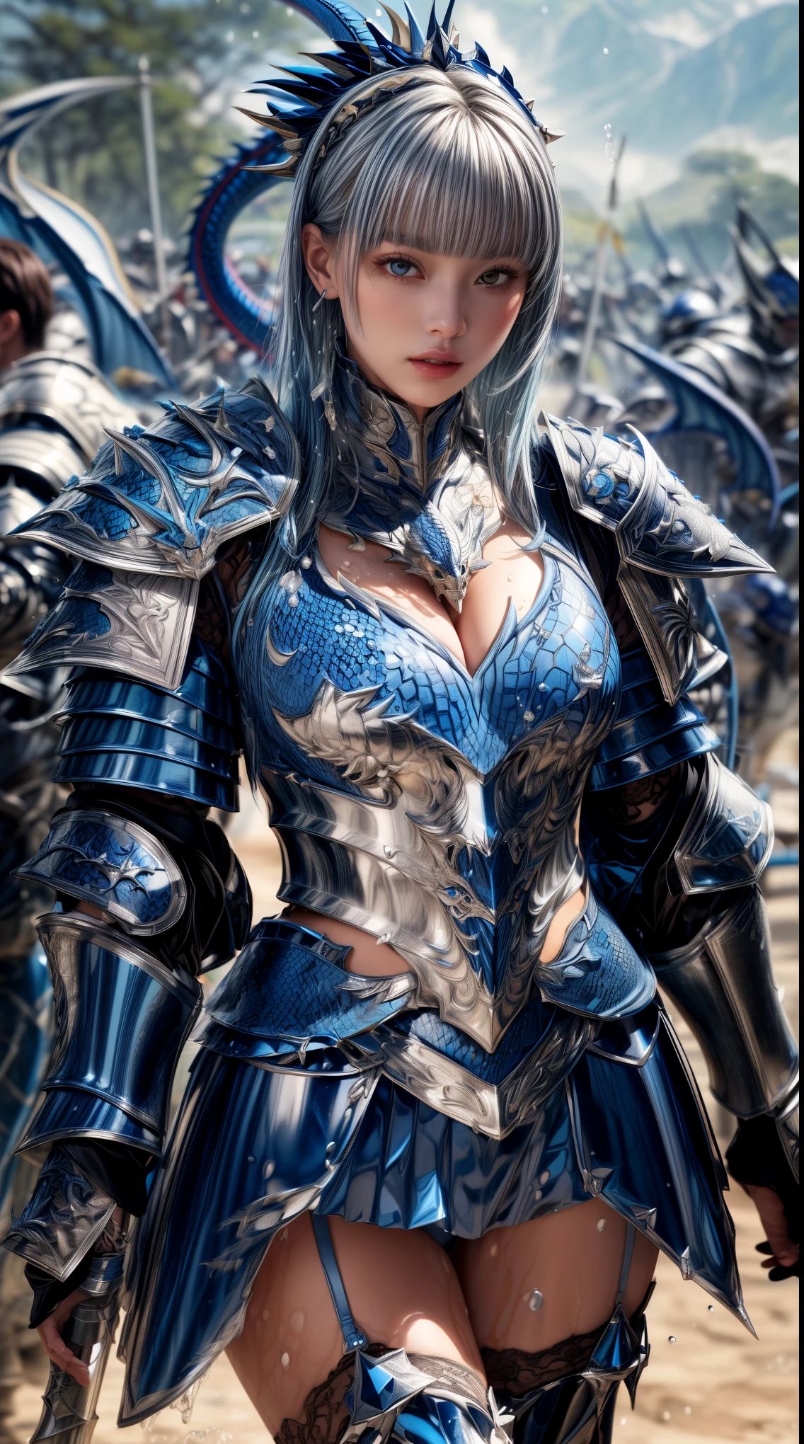 Very beautiful woman、Slender women、(Detailed face)、Realistic Skin、((Water Knight)), ((Navy Blue Armor))、((((Dark blue armor with very fine platinum detailing:1.5))))、((Delicate photo))，(Girl Astepeace RAW Photo Details:1.25), (highest quality:1.6), (超A high resolution:1.5), (Realistic:1.75), 8K resolution, Canon EOS R5, 50mm, Absurd, Super detailed,Cinema Lighting,((Fightfield))、((Fight))、(((White skirt with embellishments)))、Thigh-high socks、Shingard、((Light blue hair))、((Bowl cut hairstyle with bangs))、(Six Pack:1.1)、Cape、Beautiful Armor、(((Has a huge weapon)))、(In combat)、The wind is blowing、((Symmetrical armor))、((((splash:1.1))))、(((Leads a large group of blue knights:1.2)))、banner、(Armor with a dragon motif)、(((Battle Scenes)))、(((blue Dragon)))、((Browsing Caution))、((Pastel blue lace panties))、bite