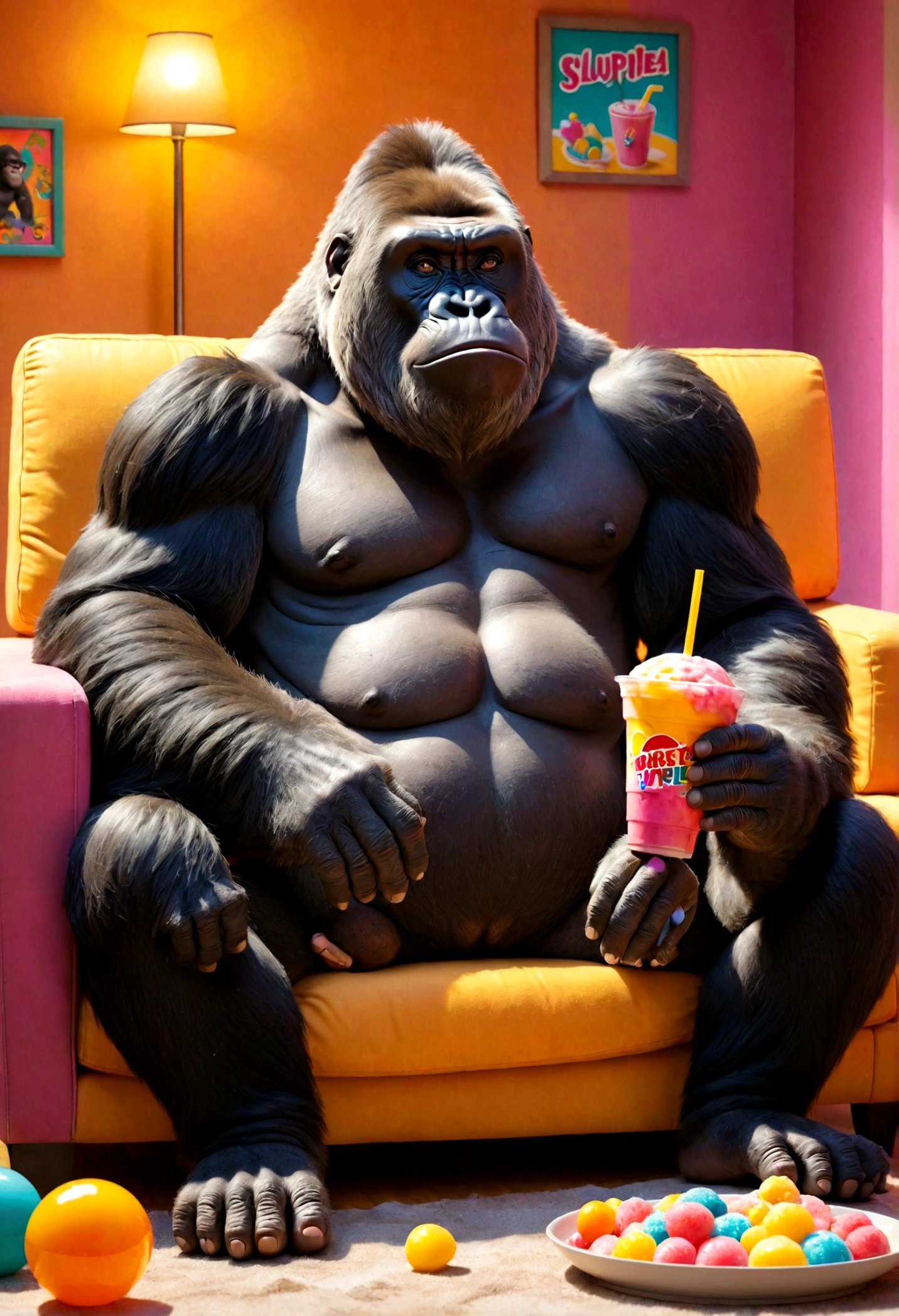 2D gorilla sitting on a sofa watching TV, Drink a Slurpee
