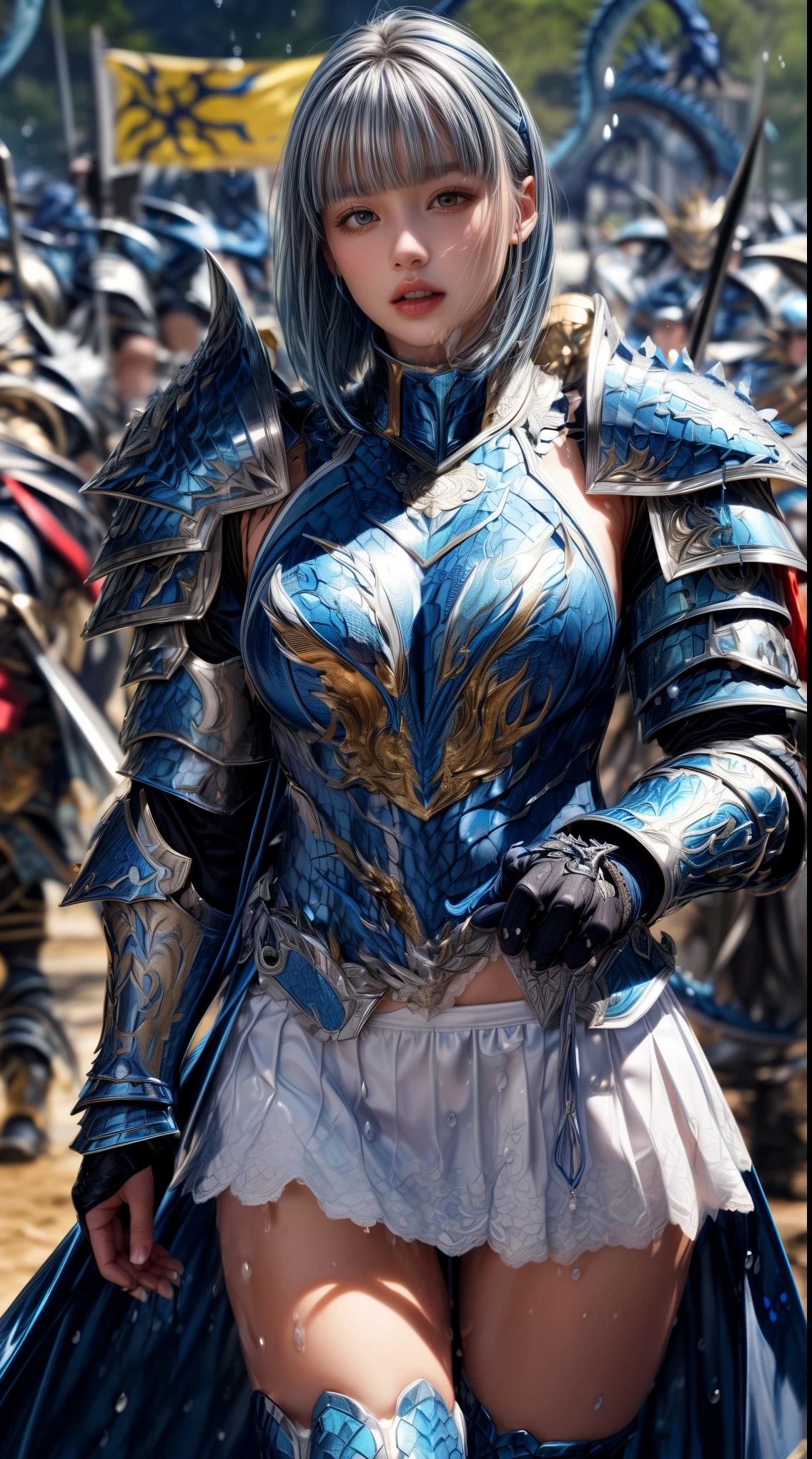 Very beautiful woman、Slender women、(Detailed face)、Realistic Skin、((Water Knight)), ((Navy Blue Armor))、((((Dark blue armor with very fine platinum detailing:1.5))))、((Delicate photo)),(Girl Astepeace RAW Photo Details:1.25), (highest quality:1.6), (超A high resolution:1.5), (Realistic:1.75), 8K resolution, Canon EOS R5, 50mm, Absurd, Super detailed,Cinema Lighting,((Fightfield))、((Fight))、(((White skirt with embellishments)))、Thigh-high socks、Shingard、((Light blue hair))、((Bowl cut hairstyle with bangs))、(Six Pack:1.1)、Cape、Beautiful Armor、(((Has a huge weapon)))、(In combat)、The wind is blowing、((Symmetrical armor))、((((splash:1.1))))、(((Leads a large group of blue knights:1.2)))、banner、(Armor with a dragon motif)、(((Battle Scenes)))、(((blue Dragon)))、((Browsing Caution))、((Pastel blue lace panties))、bite