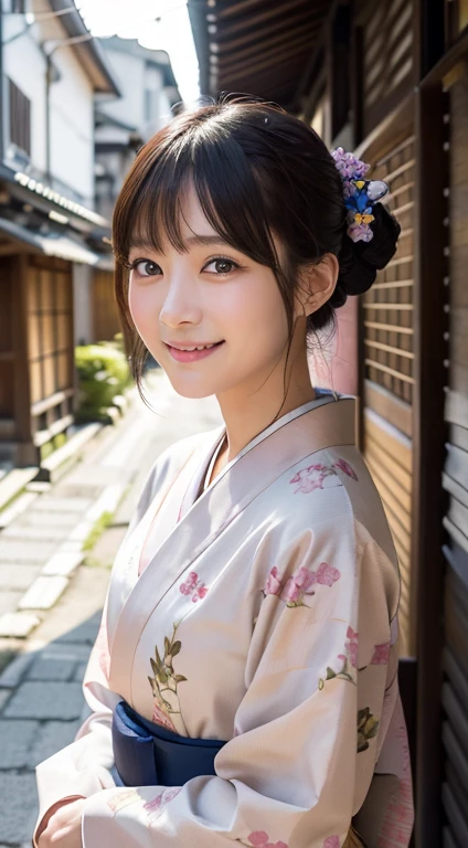 Professional Lighting,(Realistic:1.4), (Top image quality:1.0), (超A high resolution:1.0), 8k, Raw photography, (masterpiece:0.2), (Dealing with the Children_v1:0.5)、(最高quality Detail:1.2)、Realistic、8K Ultra HD、High resolution、(1 girl:1.2)、超detailedな、High quality textures、複雑なdetailed、detailed、Very detailed CG、High quality shadows、detailed 美しく繊細な顔、Beautiful details and a delicate eye、(Symmetrical eyes:1.2),Written boundary depth、Ray Tracing,1 girl, Japanese Girls, (Natural smile:1.4),cute, thin, Portrait of a beautiful Japanese woman in a kimono, Standing elegantly on a street corner in Kyoto. Kimono with vibrant traditional patterns, Hair decorated with elegant and delicate hairpins, Gentle expression. (With the old streets of Kyoto in the background:1.4)、The soft light of a spring afternoon、Adding tranquility to the scene. Rendered in a Realistic style with great attention to detail, High resolutionの画像.Sky Porn, Magic Hour, (Realistic:1.3), finely, quality, (Tabletop:1.2), (Realistic:1.2), (最高quality), (複雑なdetailed), dramatic, Ray Tracing, photograph, +roller