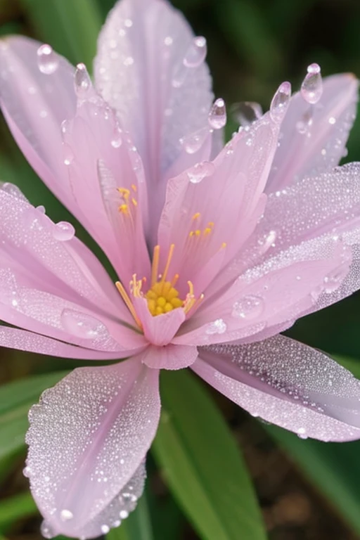 Pink crocus flowers, dew droplets, clear sky