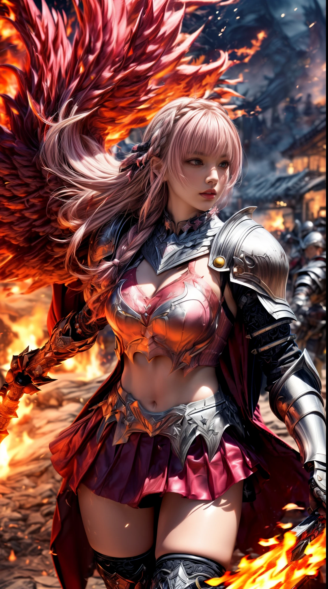Very beautiful Swedish women、Slender women、(Detailed face)、Realistic Skin、((Fire Knight)), (((Pink Armor:1.25)))、((((非常に繊細で繊細な装飾が施されたPink Armor:1.5))))、((Delicate photo))，(Girl Astepeace RAW Photo Details:1.25), (highest quality:1.6), (超A high resolution:1.5), (Realistic:1.75), 8K resolution, Canon EOS R5, 50mm, Absurd, Very detailed,Cinema Lighting,Battlefields of Medieval Europe、((Fight))、RPG World、Final Fantasy、(((decorative skirt)))、Thigh-high socks、Shingard、((Light pink hair))、((Very short bangs))、((Braiding))、(Six Pack)、Torn Cloak、Beautiful Armor、(((Giant Sword)))、In combat、The wind is blowing、(((Flames all around)))、(((Leading a large group of red knights)))、(((Knight Commander)))、(Armor with a phoenix motif)、(((flames of fire)))、(((Intense action scenes)))、(((Crimson Phoenix)))、((Browsing Caution:1.1))、
