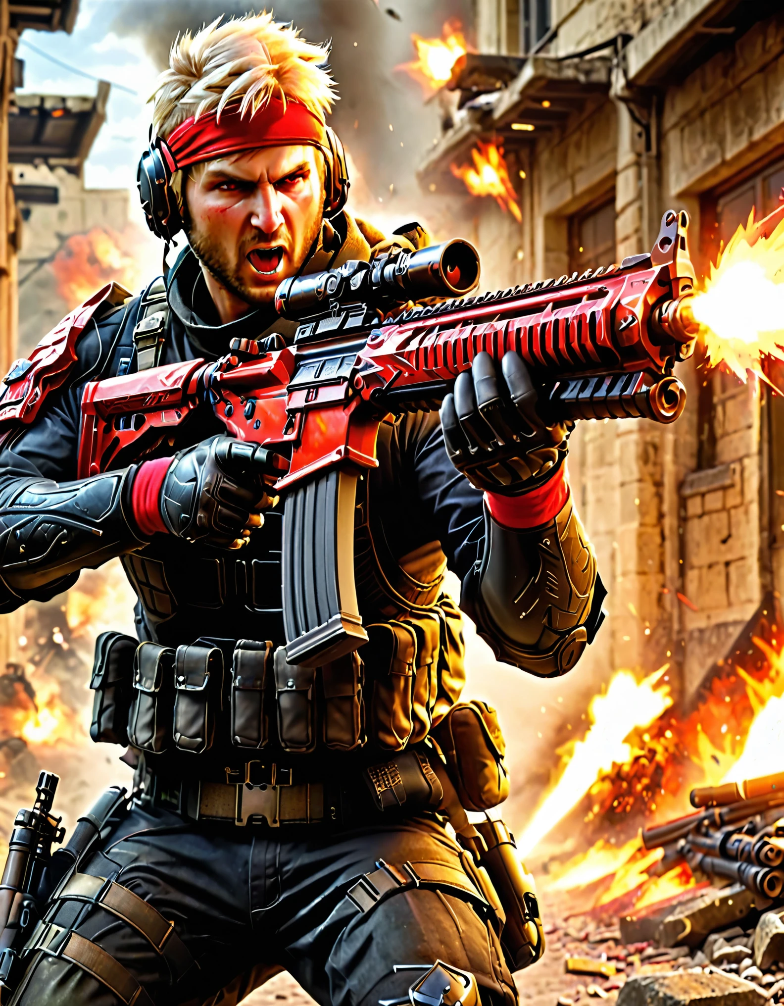masterpiece, best quality, highres, 1man, solo, solo focus, male focus, mercenary, (blonde hair, brown eyes), tactical gloves, combat boots, (red headband), using assault rifle, angry, screaming, war zone, muzzle flash