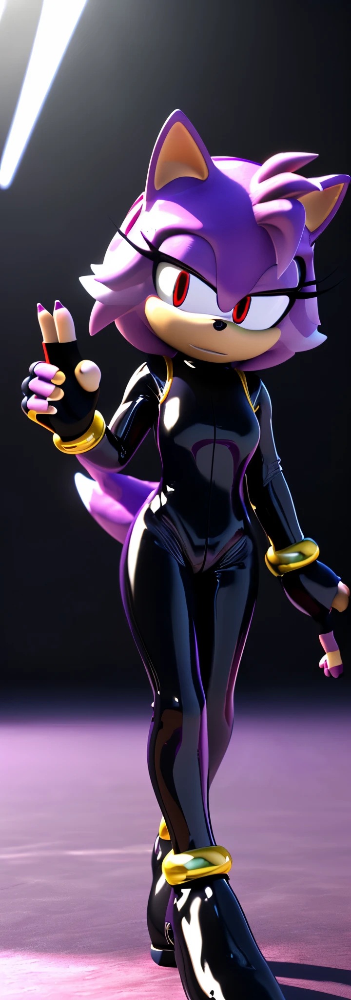 Solo, 1girl, full body image, rendered in SFM, ((sonic oc:1)), from sonic, high detail iconic character, in the new action-movie sonic, knothole forest, official render, 3d render official art, toon shader, ((female)), (((purple hedgehog:1))), ((shiny)) (((light purple fur:1.5))), (((Amy rose style quills with violet gradient tips))), (((metallic purple eyeliner))) ((deep red eyes:1.5)), ((calm neutral expression)), ray trace 4 k, ray trace 4k, (((glossy black latex bodysuit:1.5))), ((fingerless gloves:1.5))