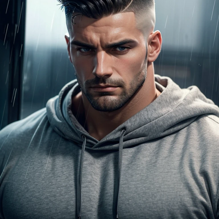 a very handsome, tall, sad man, with a Mid fade haircut, with massively large muscles, wearing a gray sweatshirt, seen very close up in a rainy environment