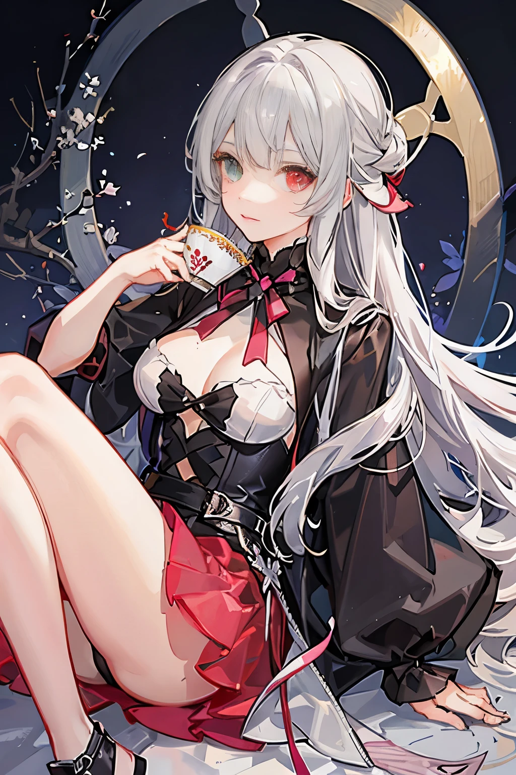 alone, beautiful girl, Bright red and silver heterochromia Eyes, perfect eyes, 19 years old, red+gray+golden pink theme, character chart, highres, silver straight cutted bangs, silver straight cutted hair, holding cup of tea, very detailed