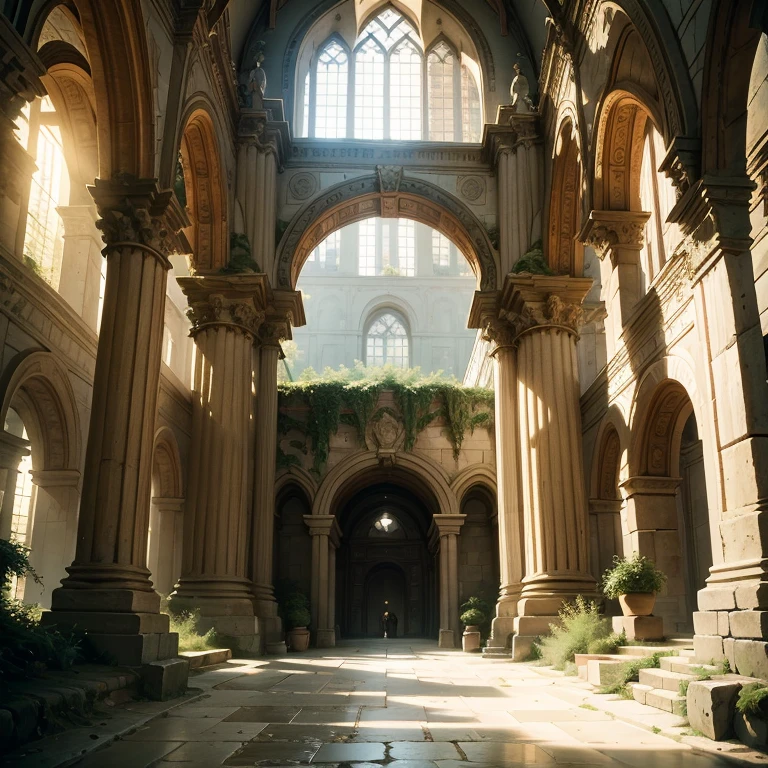 a beautiful ancient college, high angle view, large stone buildings, arched doorways, cobblestone paths, lush green trees, sunlight filtering through, atmospheric lighting, dramatic shadows, ornate architecture, medieval style, intricate details, warm color palette, photorealistic, 8k, highly detailed, masterpiece