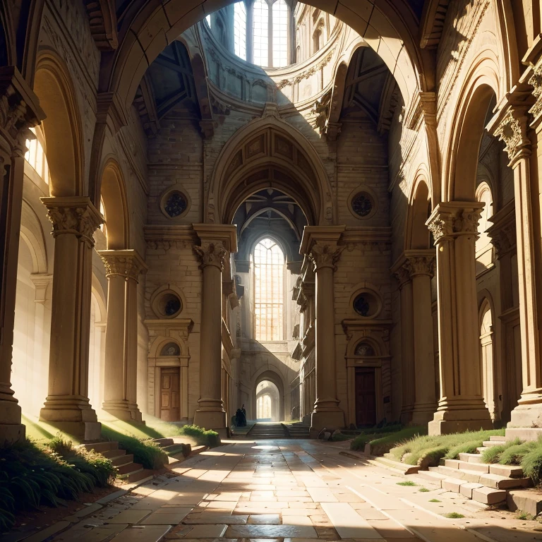 a beautiful ancient college, high angle view, large stone buildings, arched doorways, cobblestone paths, lush green trees, sunlight filtering through, atmospheric lighting, dramatic shadows, ornate architecture, medieval style, intricate details, warm color palette, photorealistic, 8k, highly detailed, masterpiece