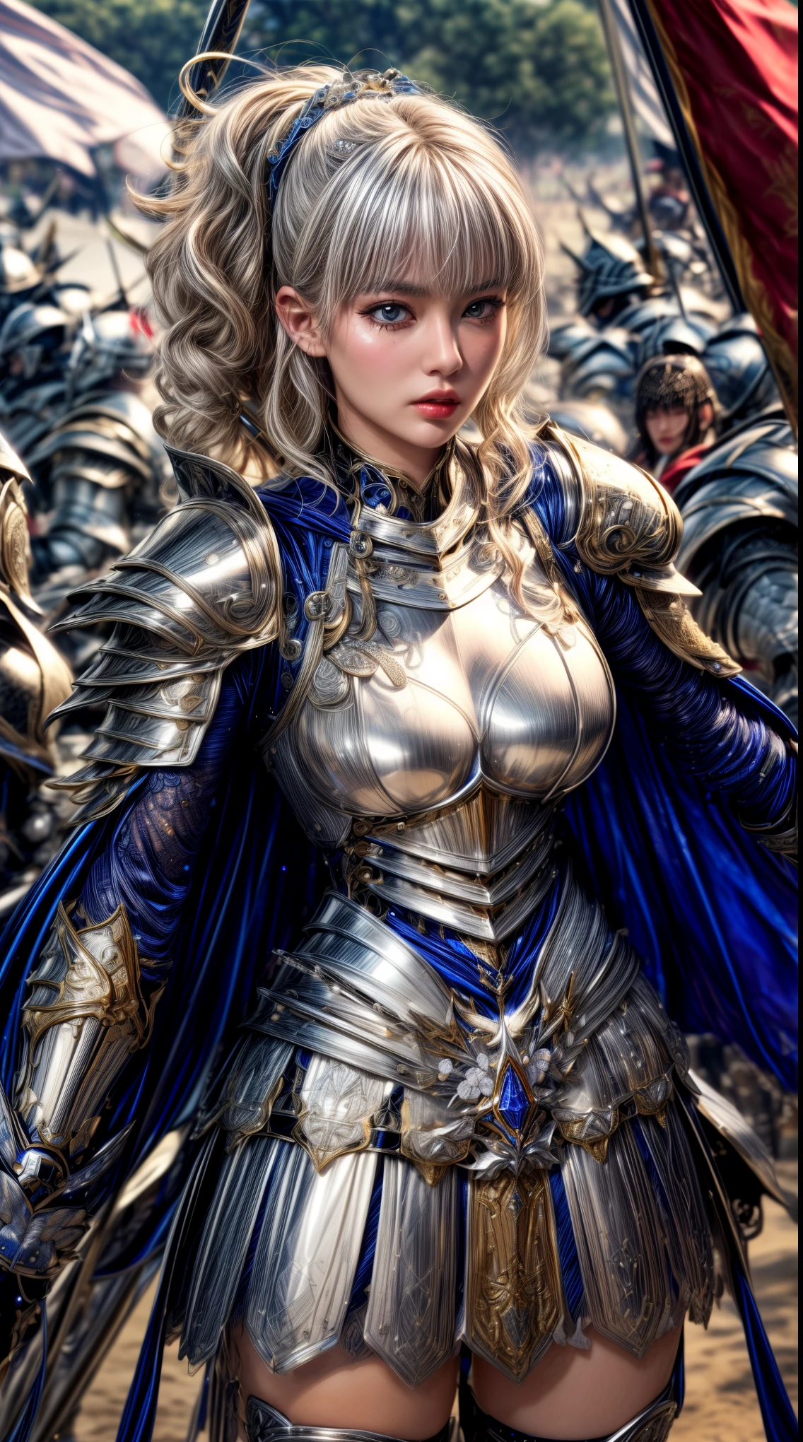 Very beautiful woman、Slender women、(Detailed face)、Realistic Skin、((Paladin)), ((Pearl White Armor))、((((Extremely intricate and detailed platinum armor:1.5))))、((Delicate photo))，(Girl Astepeace RAW Photo Details:1.25), (highest quality:1.6), (超A high resolution:1.5), (Realistic:1.75), 8K resolution, Canon EOS R5, 50mm, Absurd, Very detailed,Cinema Lighting,((Fightfield))、((Fight))、(((White skirt with embellishments)))、Thigh-high socks、Shingard、((blonde))、((Curly Hair))、((Drill Hair))、((Short hair with bangs and wavy hair))、Cape、Beautiful Armor、(((Has a huge weapon)))、(In combat)、((Symmetrical armor))、((((Light shines in))))、(((Lead a large group of knights:1.2)))、banner、Snake seal、(((Battle Scenes)))、(((White light snake)))、((action))
