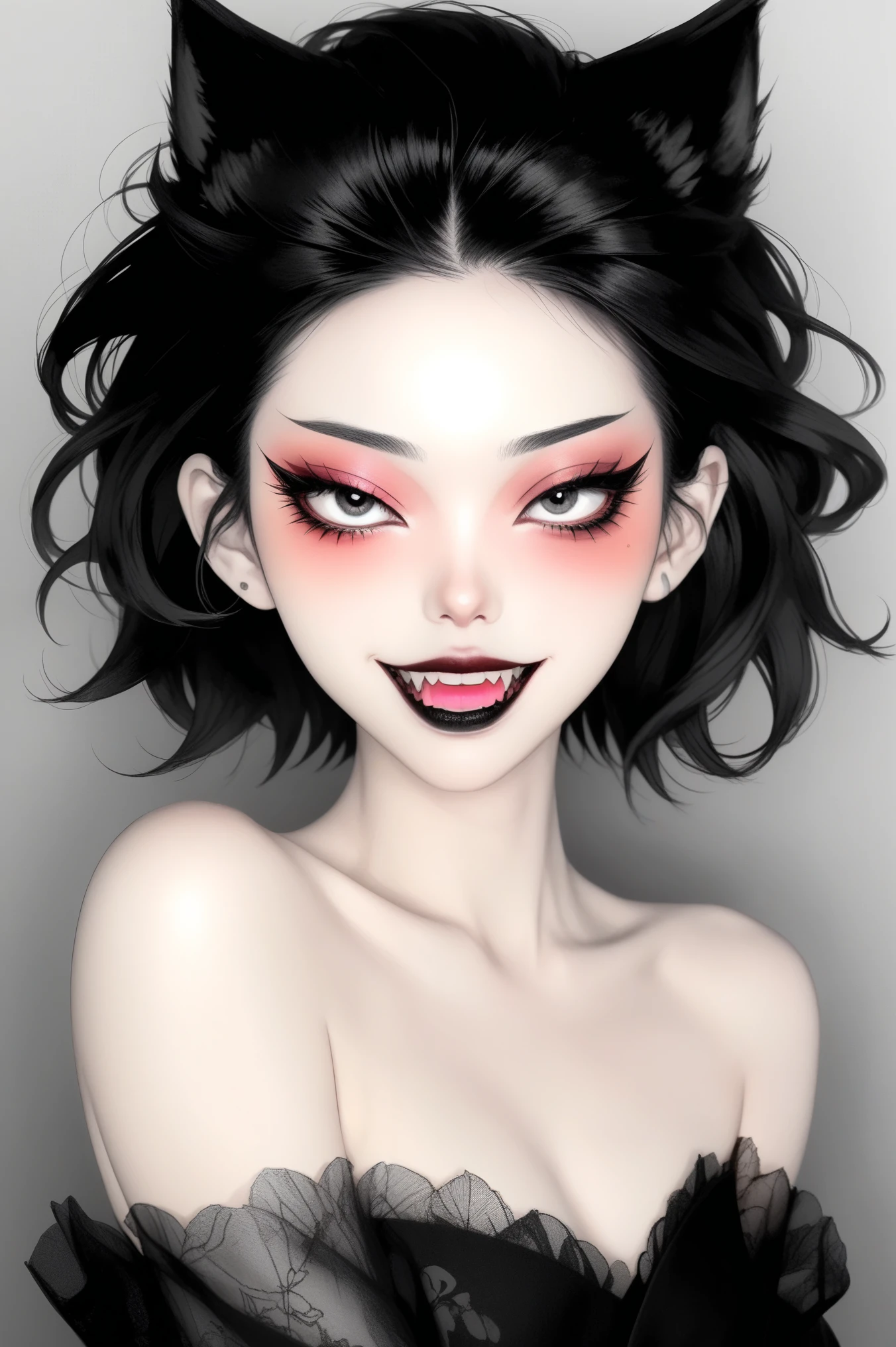 (best quality, sketch:1.2),actual,illustrator,Vixen，Japanese cartoons,1 girl, Detailed lips, ，Fangs，hand，hairy，Off-shoulder， black and white gradient background,Neon hair,Texture cropping, masterpiece, The style is vintage, Deep Black 