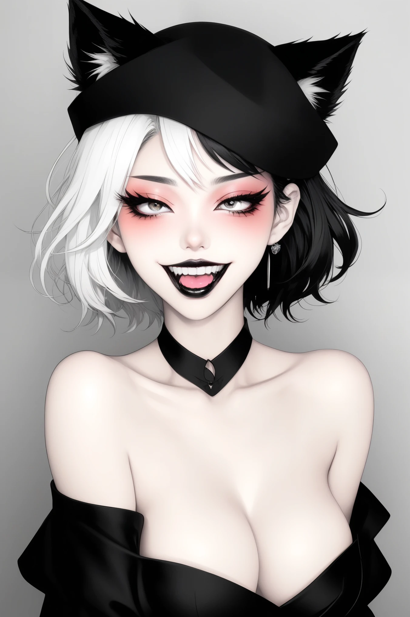 (best quality, sketch:1.2),actual,illustrator,Vixen，Japanese cartoons,1 girl, Detailed lips, ，Fangs，hand，hairy，Off-shoulder， black and white gradient background,Neon hair,Texture cropping, masterpiece, The style is vintage, Deep Black 