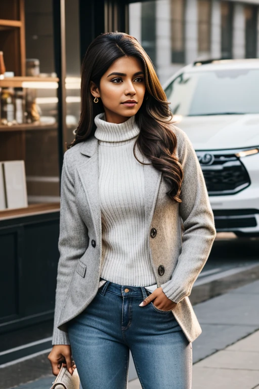 Fair indian woman, brown hair, wearing a grey winter coat, and a white turtleneck sweater underneath, jeans, tall