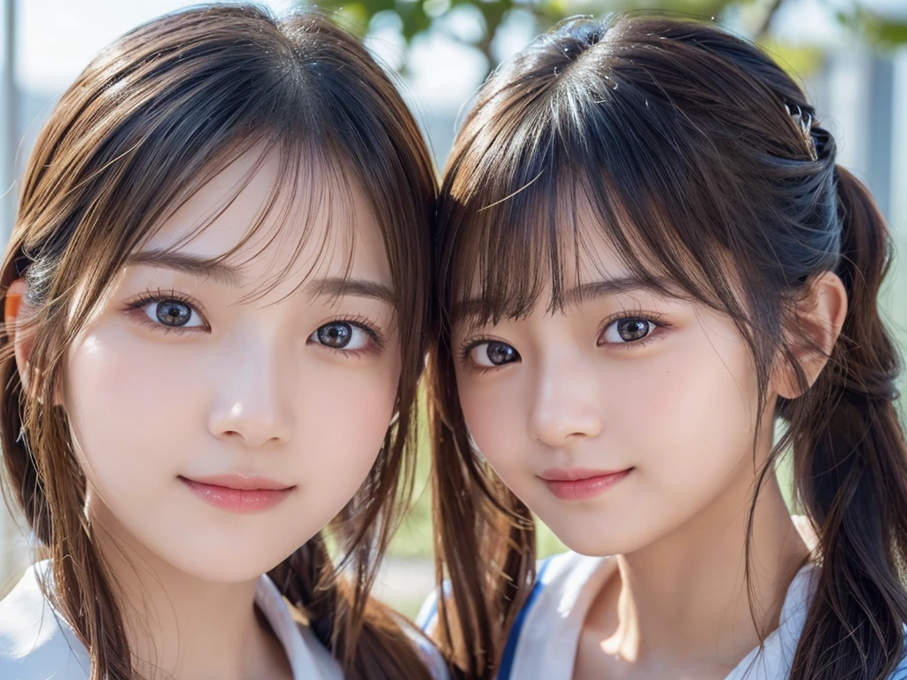 8k、Rembrandt Lighting,(Photorealistic:1.2), (highest quality), (Detailed skin:1.3), (Intricate details), Ray Tracing,2People Girls, In detail,real,RAW Photos & Realistic atmosphere,Mouth details,Glossy lips,Fine eyebrows,Soft white skin that shines in every detail,Detailed drawn eyes、eyes are yellow,Very beautiful eyes,Detailed lips、Very beautiful face,Very well-formed face、A vivid face,Beautiful, shining lips, cute日本の女の子, (Photorealistic:1.2), (highest quality), (Detailed skin:1.3), (Intricate details), Ray Tracing,2People Girls, In detail,real,Scattered beneath the surface,(blush:0.5), Detailed skin texture,Two beautiful girls, aged 12 and 18,、Detailed face、 (highest quality,masterpiece:1.3,Ultra-high resolution),(Very detailed,Caustics,8k),(Realistic:1.4,RAW shooting),Japanese,cute,Black short ponytail and twin tails,I'm looking at the camera with a smile on my face,Sailor suit,(Face Focus:1.1),(Face close-up:1.1),blue sky,Natural light