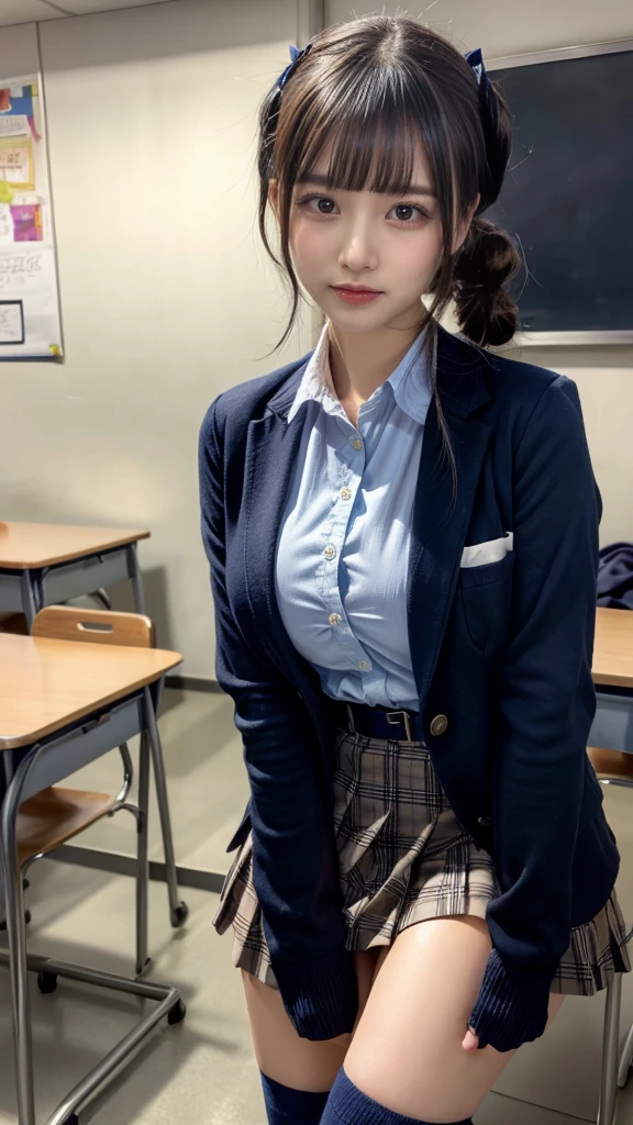 masterpiece, best quality, illustration, Super detailed, fine details, High resolution, 8K,wall paper, perfect dynamic composition,(Details High quality, realistic depiction of eyes:1.3), High School Classroom、High school girl uniform、blazer 、Super Short Check Uniform Skirt、Navy blue high socks、garterbelts、Colossal tits, Disturbed uniform, (updo:1.2), black hair color, large breasts, Big Natural Color Lip, bold sexy pose, (perfect body shape), crying a little、20 year old girl、cute type, beautiful legs, hposing Gravure Idol, Voluptuous thighs