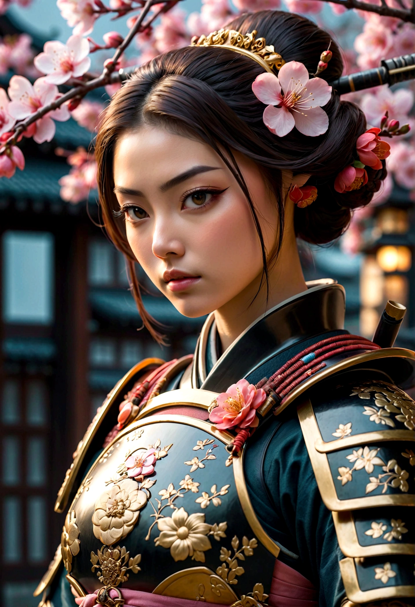 1. Japanese Female Samurai, Peach blossom on forehead, Samurai sword, Mechanical armor, night, best quality, masterpiece, HD,