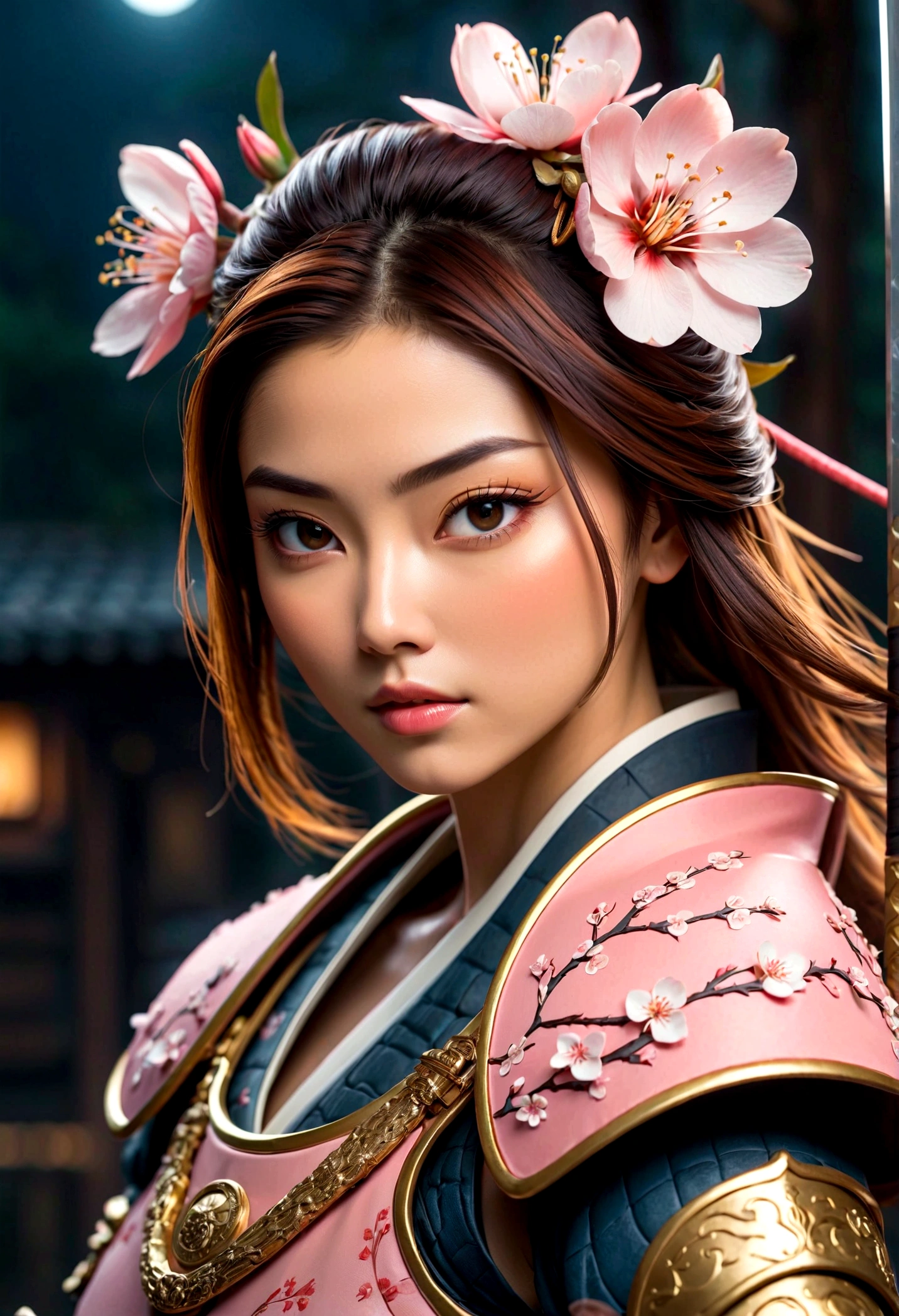 1. Japanese Female Samurai, Peach blossom on forehead, Samurai sword, Mechanical armor, night, best quality, masterpiece, HD,