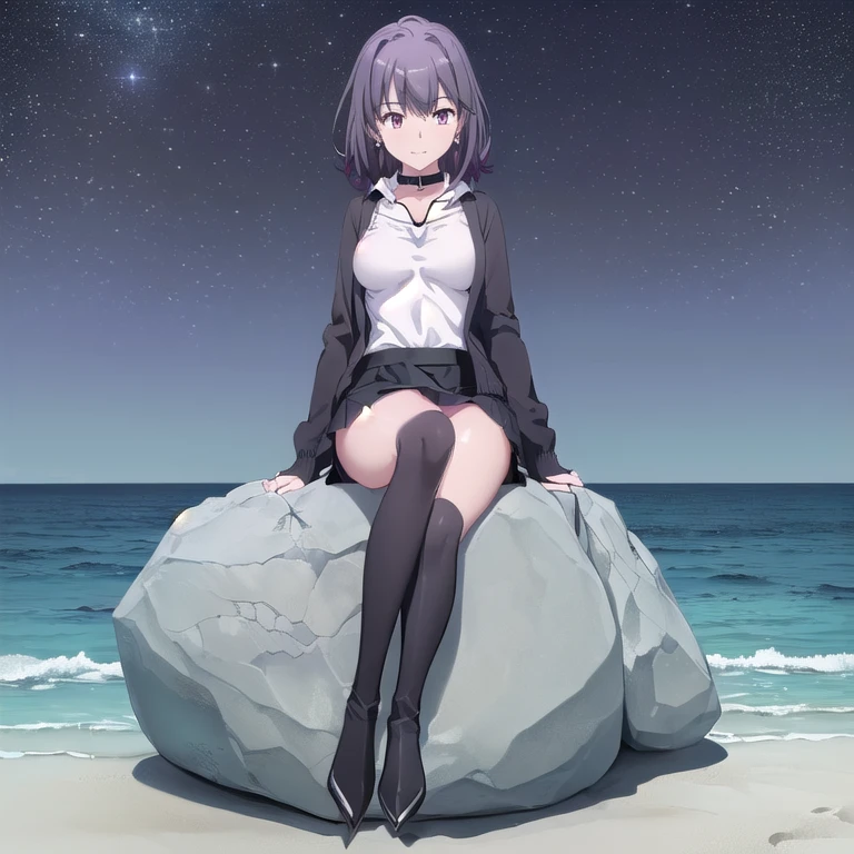 (((One Girl))),(((((full body shot))))),((Haruno YukinoshitaFull Body)),(masterpiece:1.2), highest quality,(((((High resolution))))), unity 8k wallpaper, (shape:0.8), Highly detailed face, Perfect lighting, (((Extremely detailed CG))),((((Ocean)))),((((Sandy Beach)))),((Big Breasts)),(((Black cardigan))),((((White shirt with collar)))),((((Black tight skirt)))),((((Black long boots)))),((((Black pointed toe))))、(((Black stiletto heels)))、((((Thin legs)))),short hair,((((Darken the color)))),(((Diamond earrings))),smile、From below,(Black and brown eyes),Black Hair、Purple Hair,Hair gradient、((((Spread your legs)))),((((Firm breasts)))),((((sitting on a rock)))),(((footprints))),((Starry Sky))