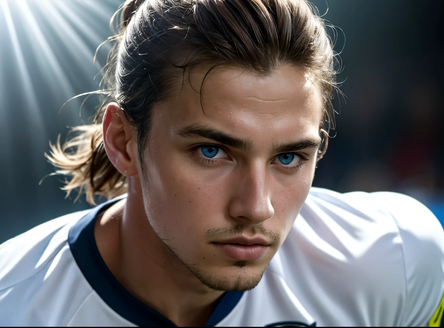 Argentinian soccer defender. 22 years old. Strong. Brown hair. Man bun hairstyle. White skin. No facehair. Blue eyes. Dramatic light. Portrait. Male. Black jersey. Masterpiece, best quality, 4k, portrait, very detailed.