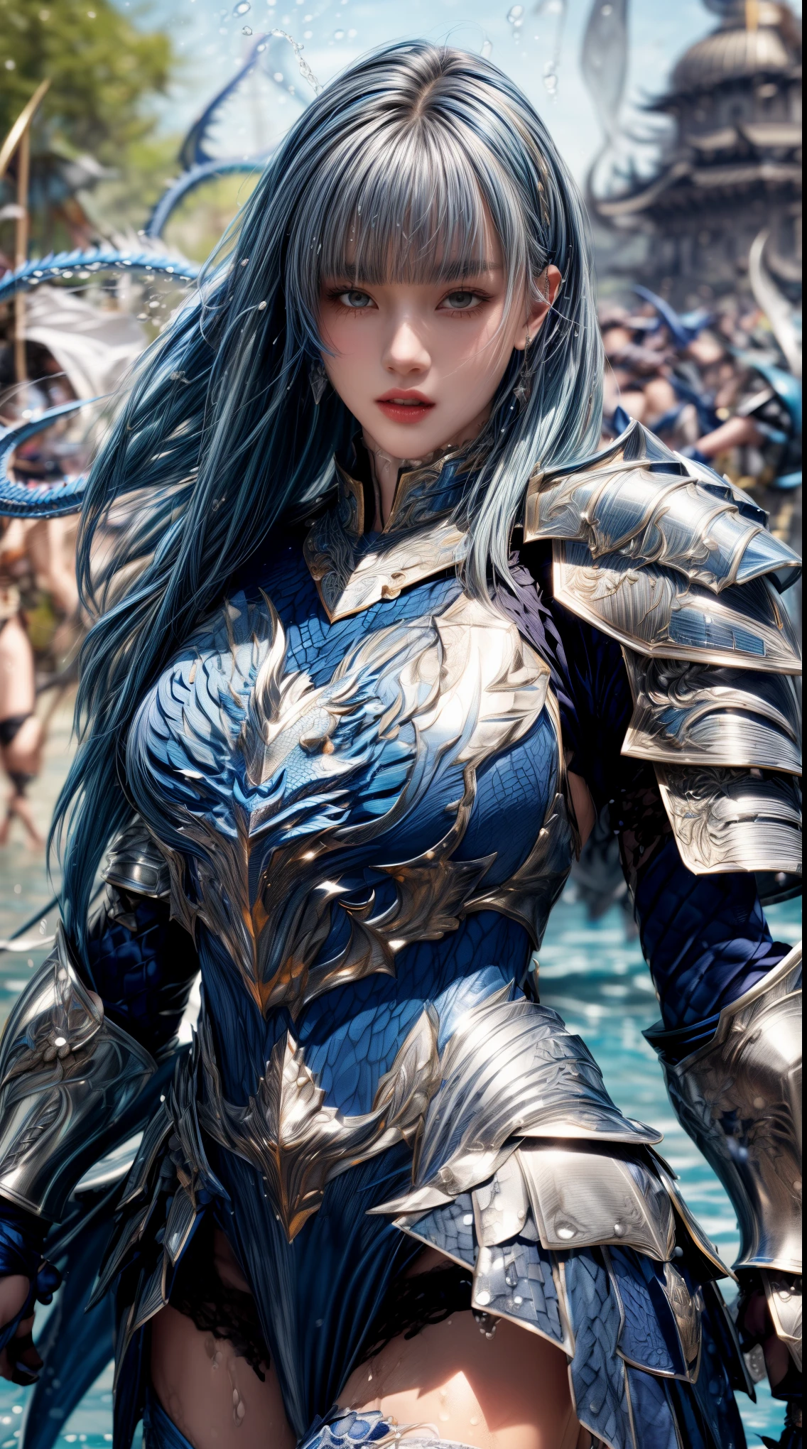 Very beautiful woman、Slender women、(Detailed face)、Realistic Skin、((Water Knight)), ((Navy Blue Armor))、((((Dark blue armor with very fine platinum detailing:1.5))))、((Delicate photo))，(Girl Astepeace RAW Photo Details:1.25), (highest quality:1.6), (超A high resolution:1.5), (Realistic:1.75), 8K resolution, Canon EOS R5, 50mm, Absurd, Super detailed,Cinema Lighting,((Fightfield))、((Fight))、(((White skirt with embellishments)))、Thigh-high socks、Shingard、((Light blue hair))、((Bowl cut hairstyle with bangs))、(Six Pack:1.1)、Cape、Beautiful Armor、(((Has a huge weapon)))、(In combat)、The wind is blowing、((Symmetrical armor))、((((splash:1.1))))、(((Leads a large group of blue knights:1.2)))、banner、(Armor with a dragon motif)、(((Battle Scenes)))、(((blue Dragon)))、((Browsing Caution))、((Pastel blue lace panties))、bite