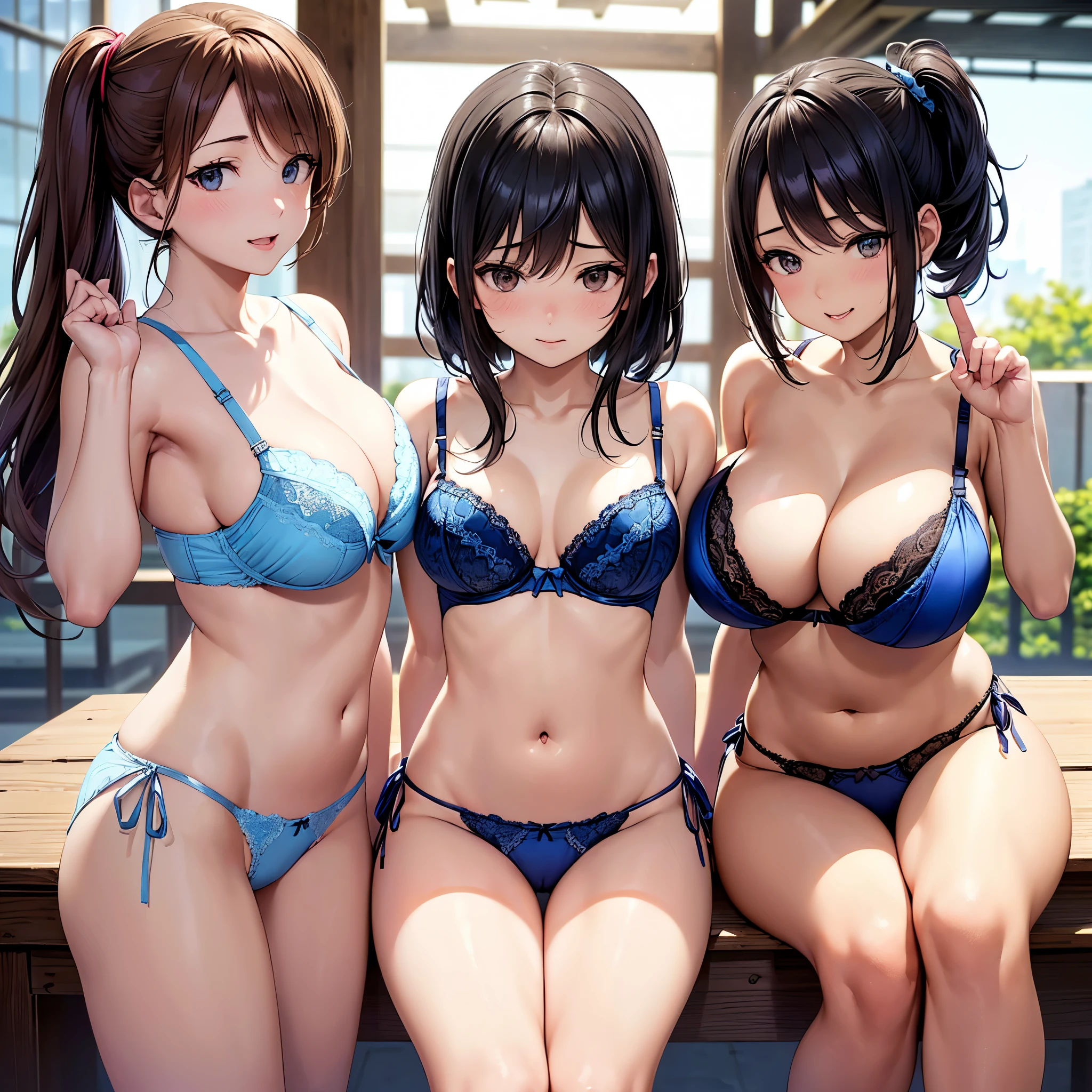 Four big-breasted sisters with different age differences wearing cute underwear and cute bras、Cute white bra with ribbon、White and light blue checkered bra、Cute orange bra、White underwear with cute ribbon、White and light blue underwear、Cute orange underwear、Sandy Beach, Calm, Clear sea and blue sky、Pink floral bra、Pink floral underwear、barefoot、Black Hair