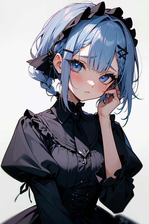 Short white hair, blush, Gothic ta、Punk Fashion、Headbang 2.、Blue and black clothes、Braiding、2 hair clips、Tie your hair up、