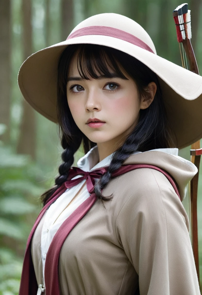 1girl,archer, brimmed hat, cloak, draws a bow with her left hand, determined look in her eyes