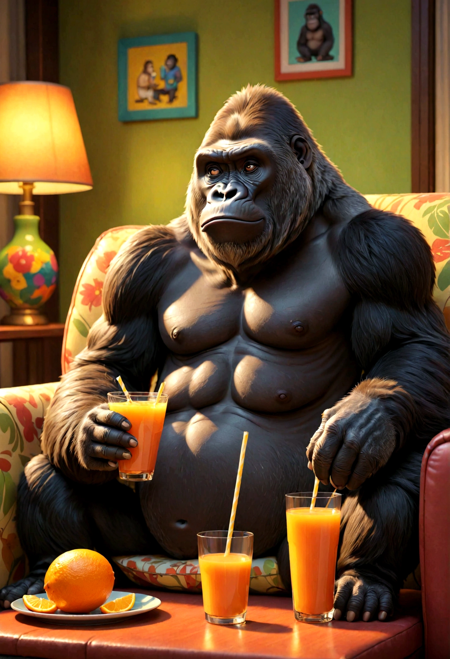 2d cartoon gorilla sitting on a sofa watching tv, Drink juice