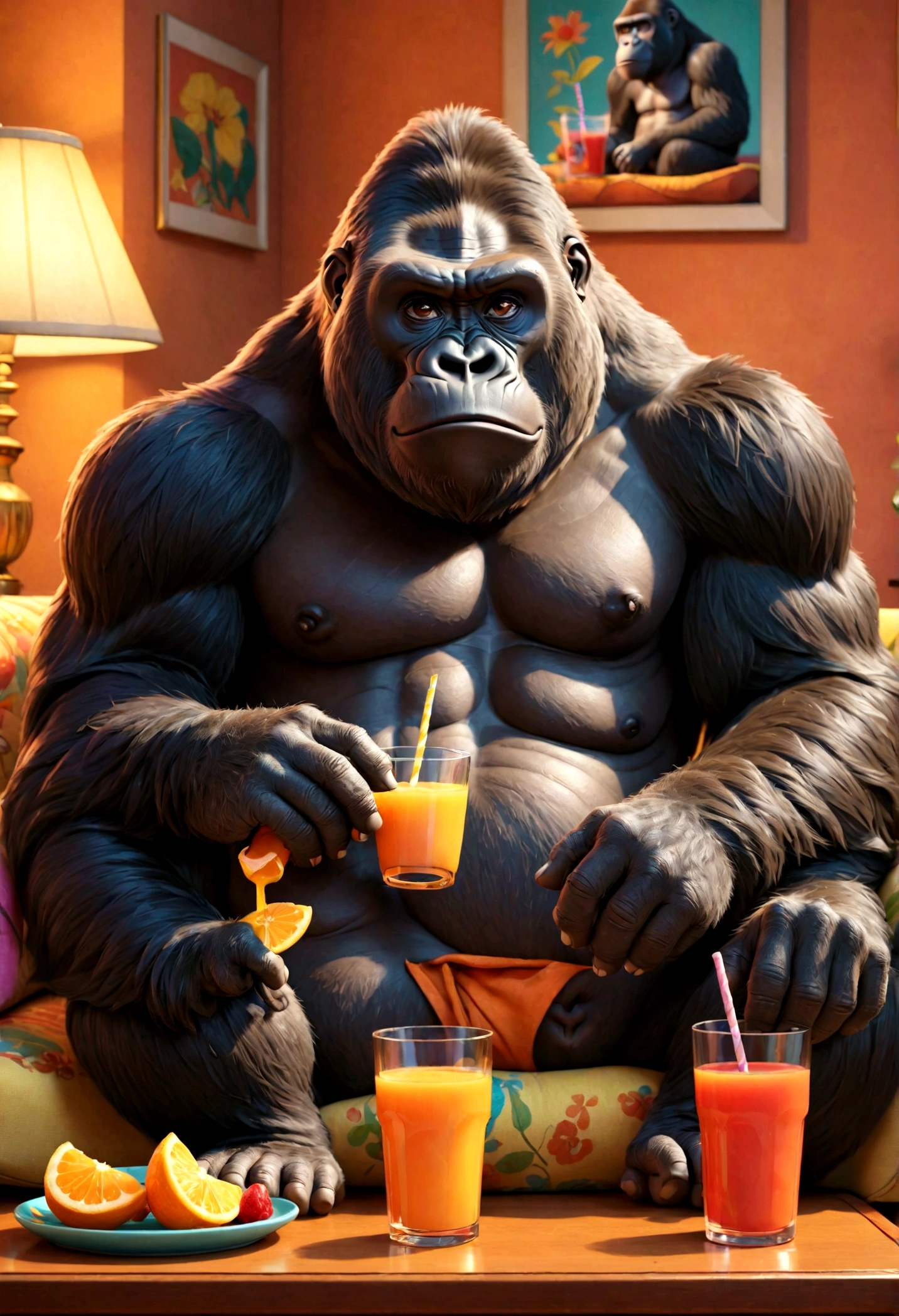 2d cartoon gorilla sitting on a sofa watching tv, Drink juice