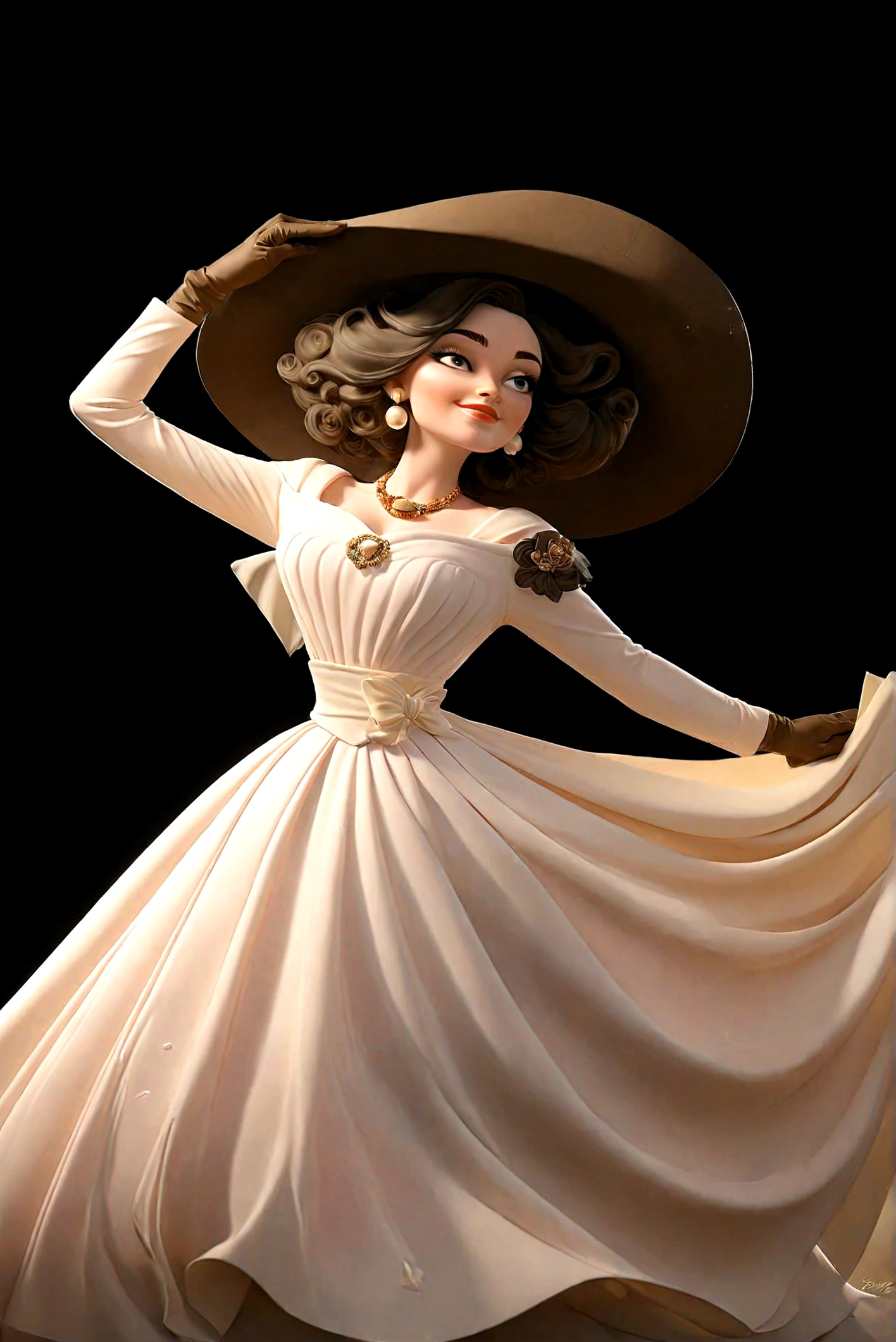 1 Girl,White Dress,Big gray hat,Grey gloves,Jewelry,solo,Simple background