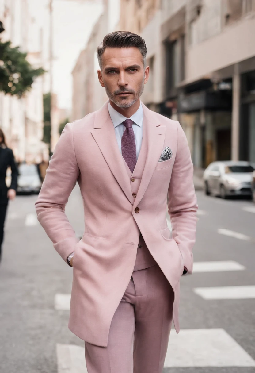 Portrait of a father wearing dusty pink coat pant single button walking on city streets with confident