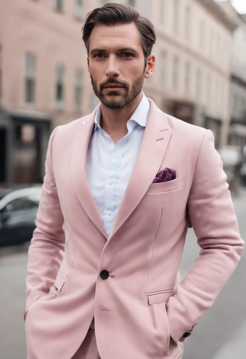 Portrait of a father wearing dusty pink coat pant single button walking on city streets with confident