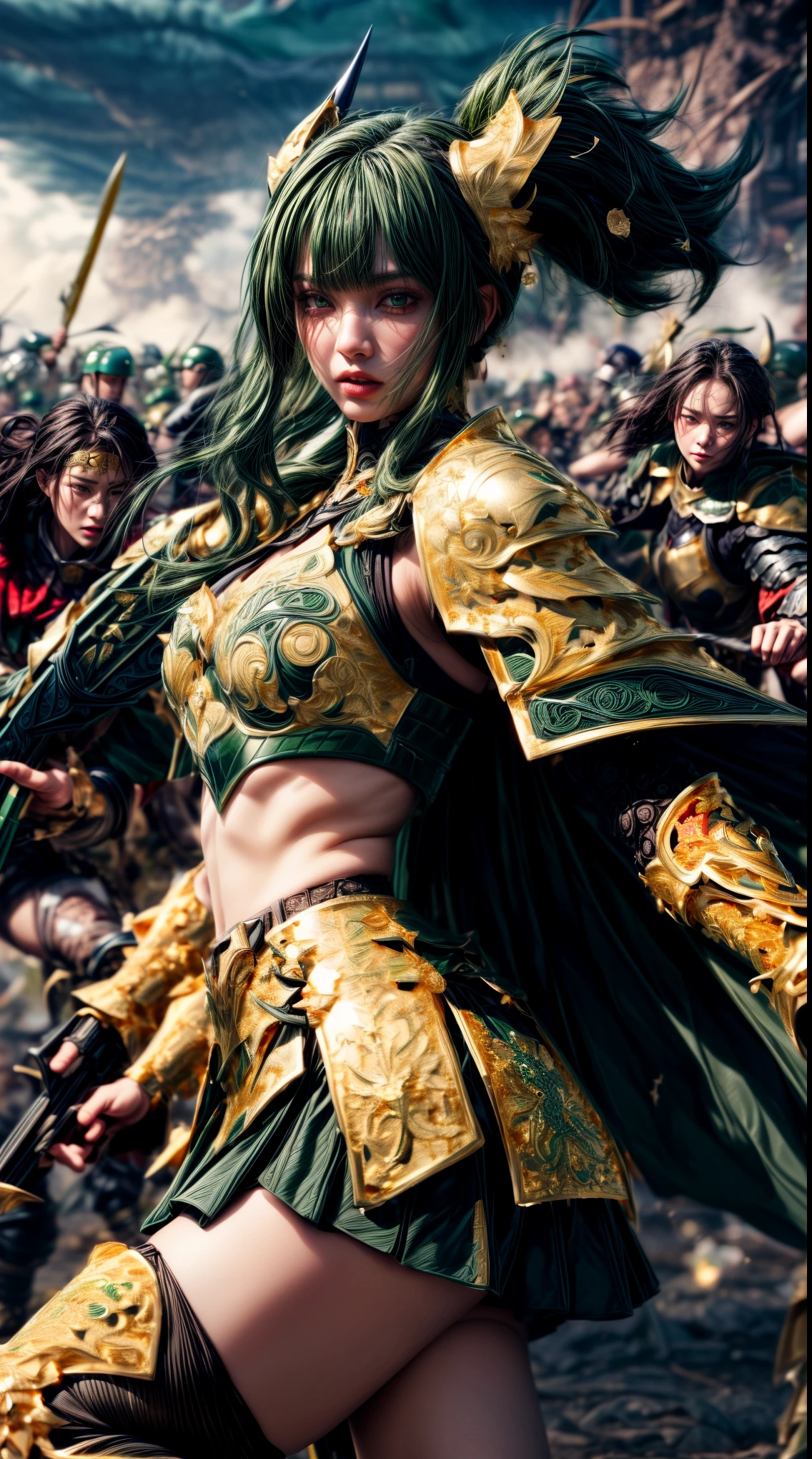 very cute 、No makeup、thin、(((Low length)))、(Detailed face)、Realistic Skin、((Wind Knight)), ((Dark green armor))、((((Dark green armor with extremely fine and intricate gold detailing:1.5))))、((Delicate photo)),(Girl Astepeace RAW Photo Details:1.25), (highest quality:1.6), (超A high resolution:1.5), (Realistic:1.75), 8K resolution, Canon EOS R5, 50mm, Absurd, Very detailed,Cinema Lighting,((Fightfield))、((Fight))、(((Embellished black skirt)))、Thigh-high socks、Shingard、((Pastel green hair))、((Low twin tails))、((Bangle color hairstyle))、(Six Pack)、Cape、Beautiful Armor、(((Has a huge weapon)))、(In combat)、The wind is blowing、((Symmetrical armor))、((((tornado))))、(((Lead a large group of knights:1.2)))、banner、(((Battle Scenes)))、(((Dark green armor)))、((Browsing Caution))