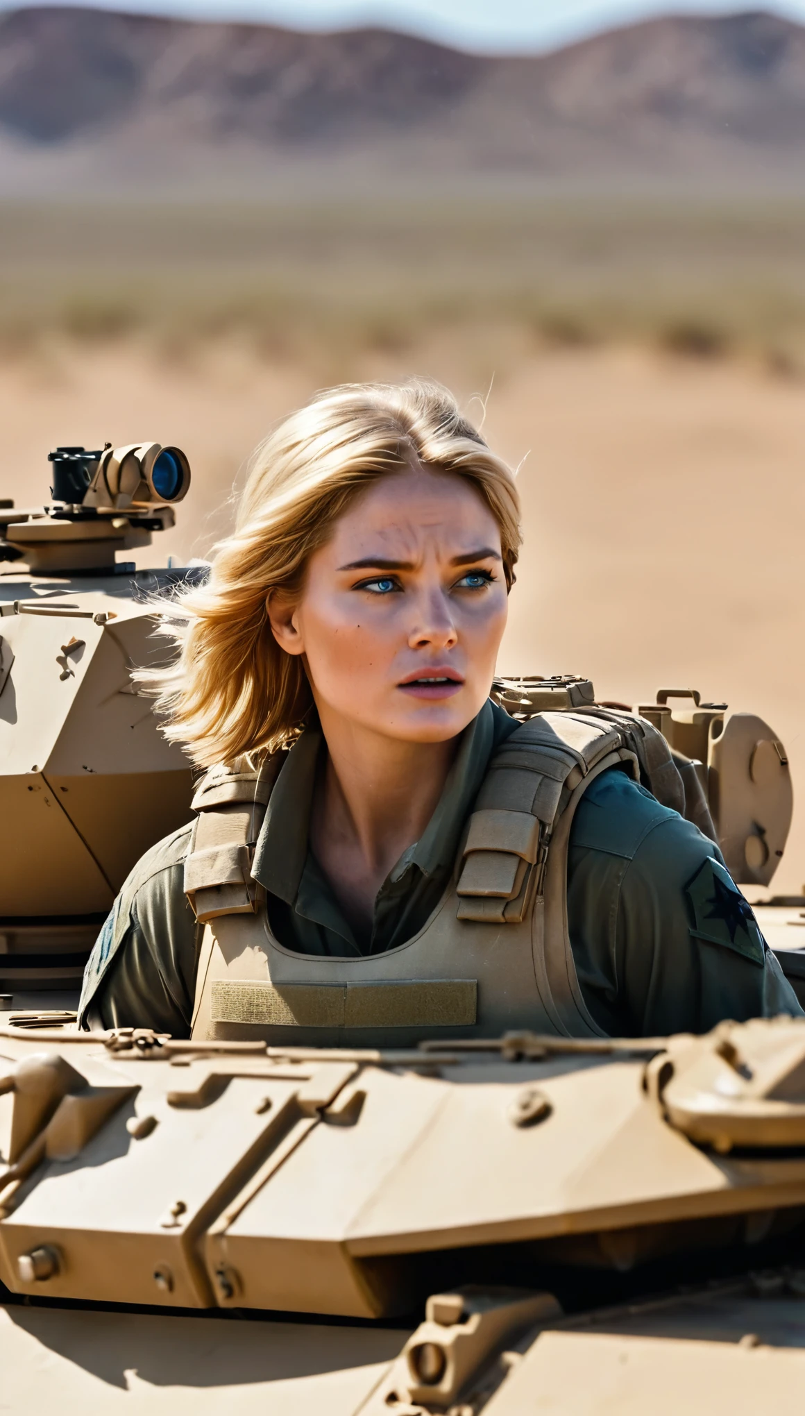 In breathtaking cinematic scenes from Hollywood movies、It showcases a panoramic view of an M-1 Abrams tank firing across a vast golden desert.。The protagonist is、A 35-year-old soldier with short, sandy blonde hair and piercing blue eyes.、The expression is serious yet determined.。Jaws clenched、Her lips are pressed together in a thin line、There are slight wrinkles at the corners of the eyes.、There is a hint of excitement in the air。 The tanks are beautifully detailed.、Metal corner々It is perceived in a complex way.、Very detailed and gives the impression of a high budget production。Shallow depth of field、The tank and the soldier remain in focus.