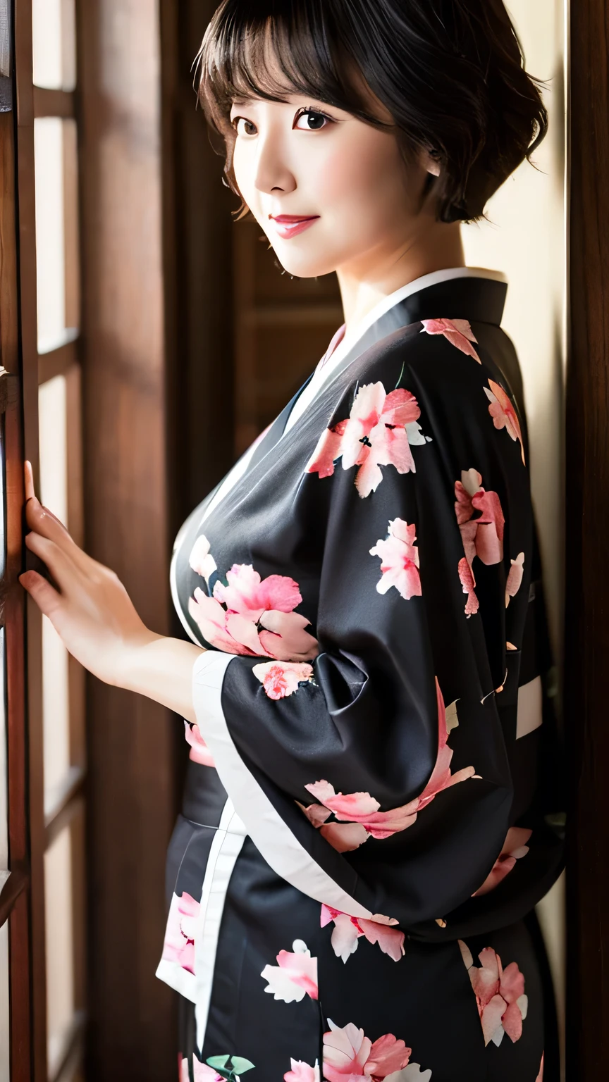 highest quality、Cute 40 year old woman、Black Hair、Bobcut、Are fat、sexy、embarrassed,blush:1.3、Indirect lighting、On the futon、floral pattern kimono