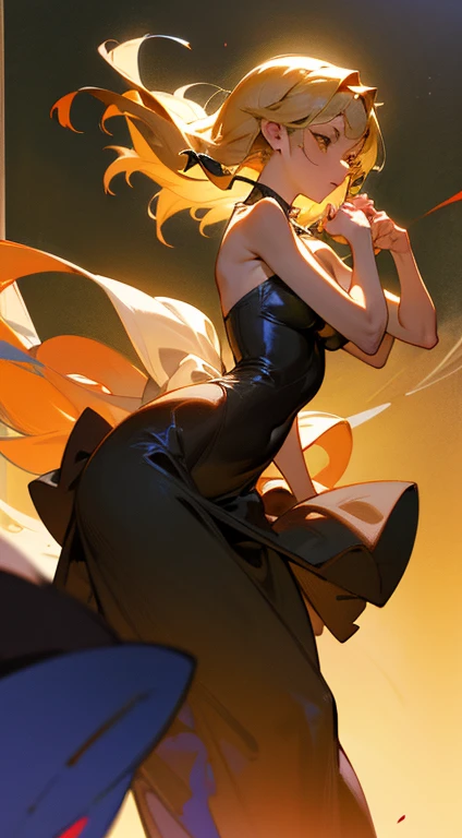 ((highest quality)), ((masterpiece)), (be familiar with), {{nsfw}},Lusamine,Slender,slender,long blonde hair,small breasts,(erect nipples),adult women,green eyes,slanted eyes,sleeveless dress,black dress,Golden embroidery,long skirt,high heels,Bewitching
